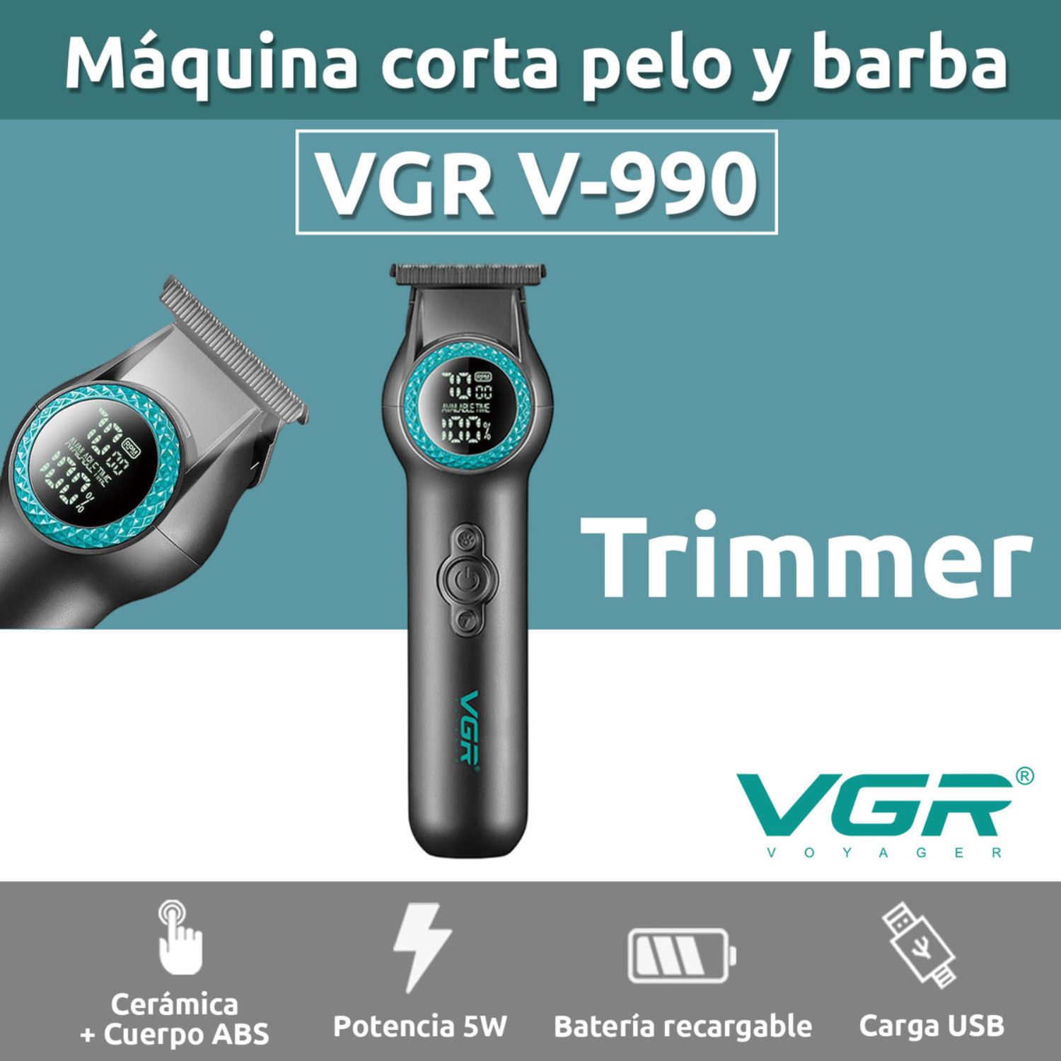 TRIMMER PROFESIONAL RECARGABLE CORTE AL RAS CON LUZ LED 8000RPM PARA BARBA CABELLO - 2