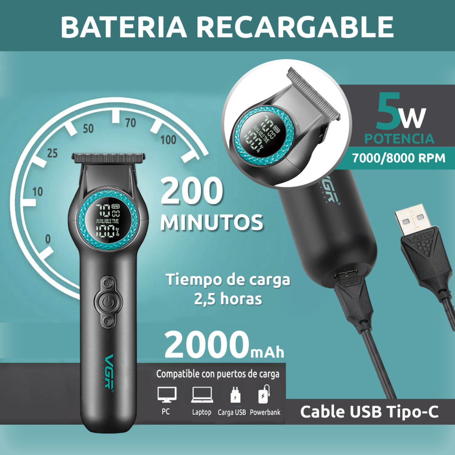 TRIMMER PROFESIONAL RECARGABLE CORTE AL RAS CON LUZ LED 8000RPM PARA BARBA CABELLO - 3