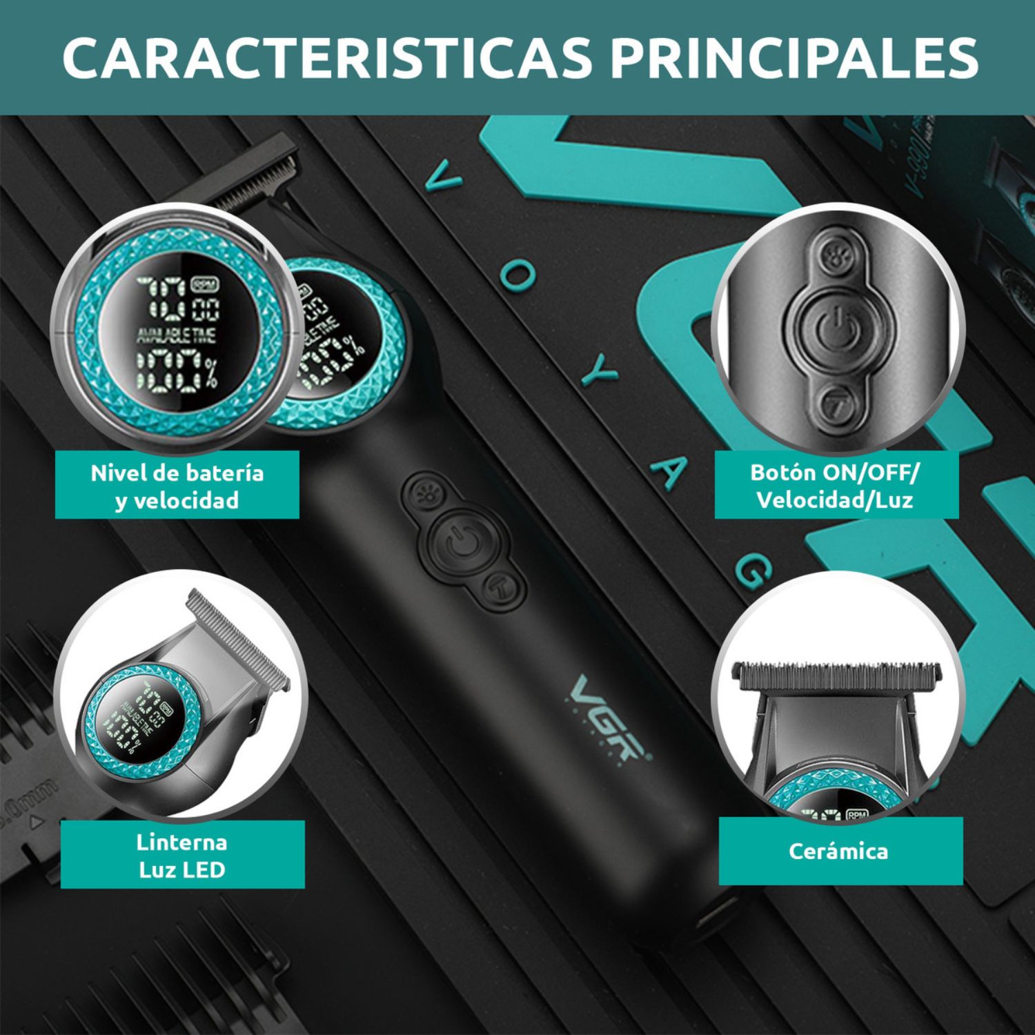 TRIMMER PROFESIONAL RECARGABLE CORTE AL RAS CON LUZ LED 8000RPM PARA BARBA CABELLO - 4