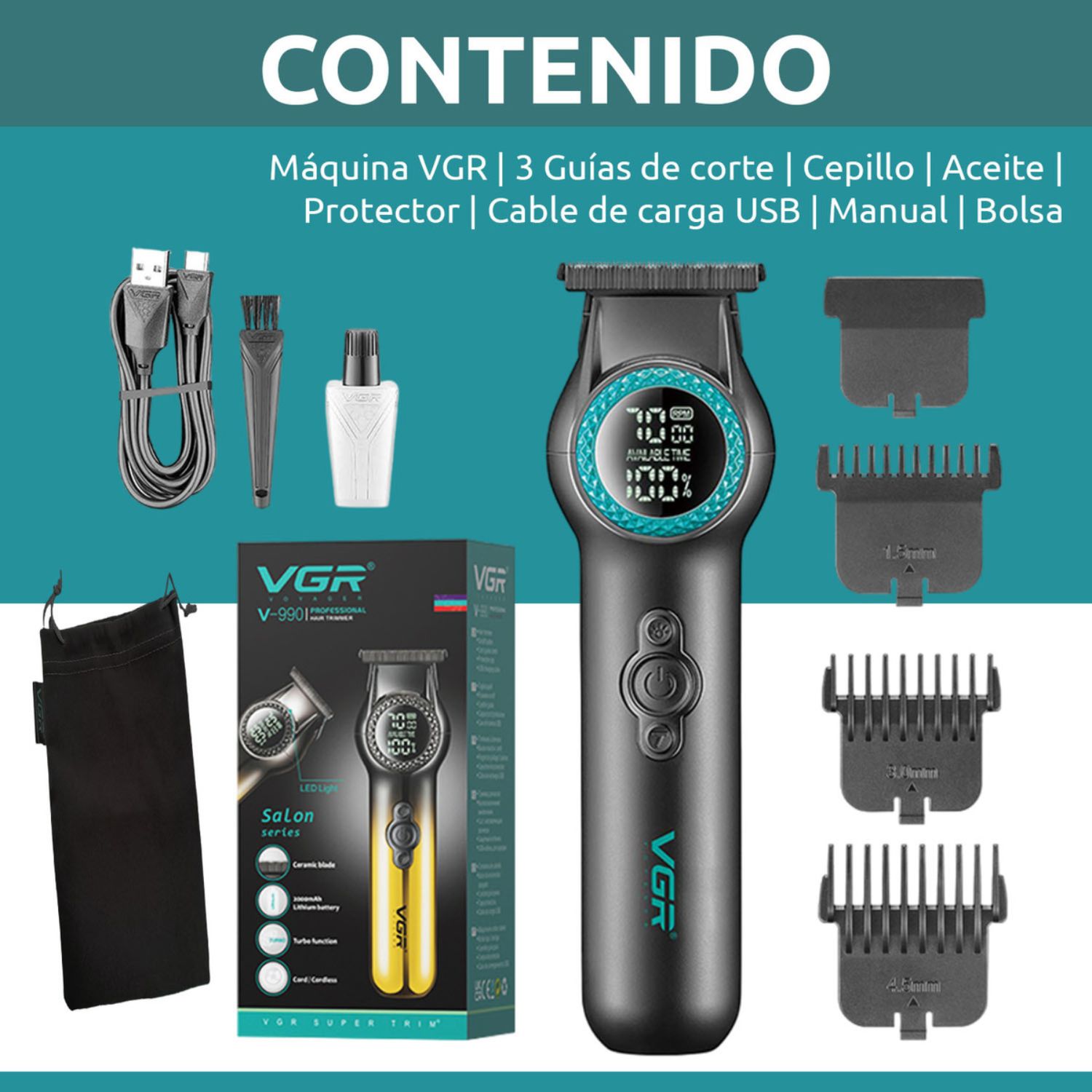 TRIMMER PROFESIONAL RECARGABLE CORTE AL RAS CON LUZ LED 8000RPM PARA BARBA CABELLO - 8