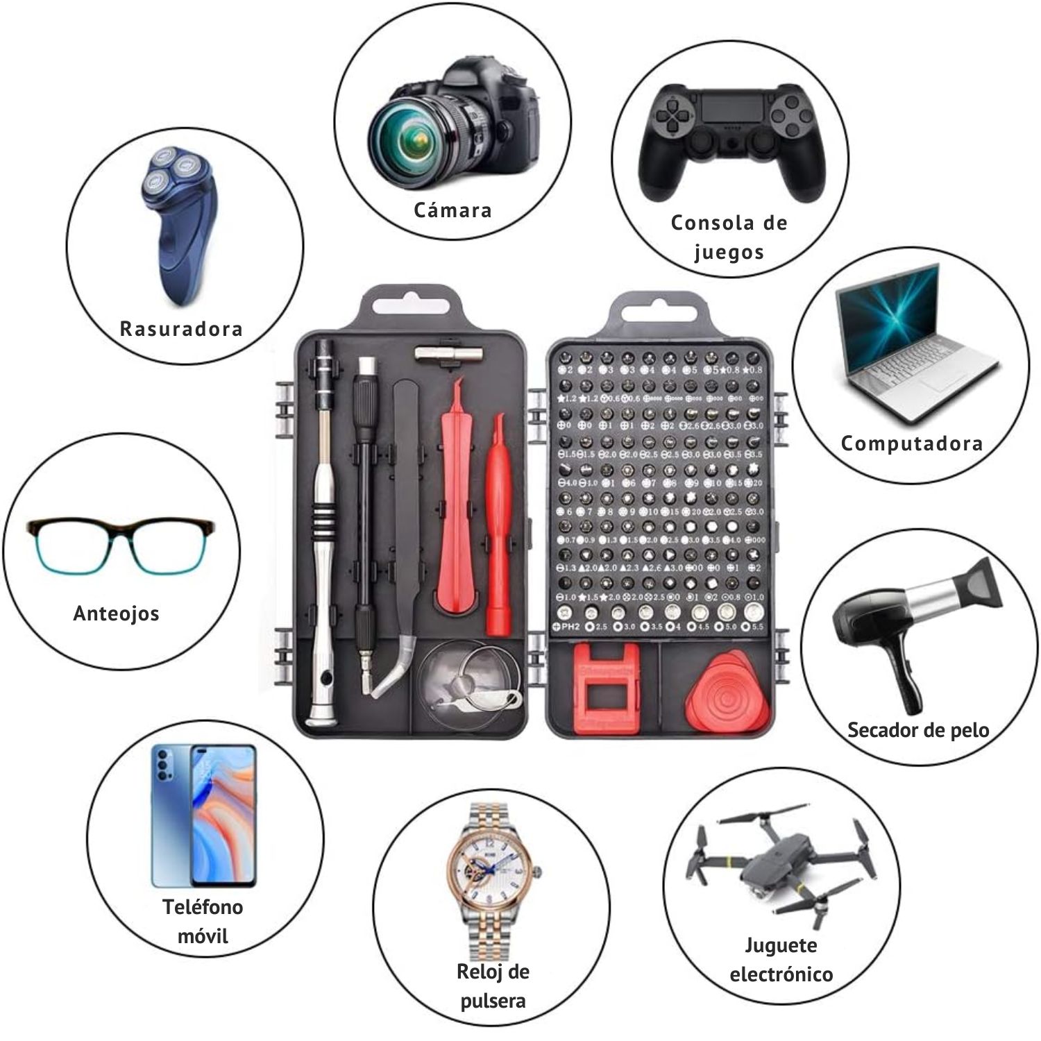 KIT DE DESTORNILLADORES DE PRECISIÓN 110 PIEZAS PARA REPARACIÓN DE CELULARES, LAPTOPS, CONSOLAS, CÁMARAS Y MÁS - 10