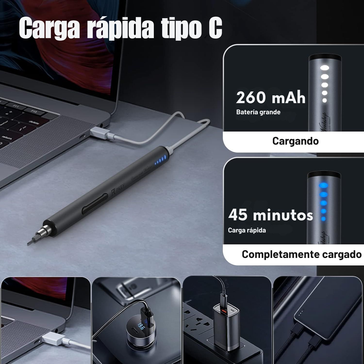 MINIDESTORNILLADOR ELÉCTRICO DE PRECISIÓN RECARGABLE USB C CON 20 BROCAS MAGNÉTICAS PARA REPARACIÓN DE CELULARES Y LAPTOP - 7