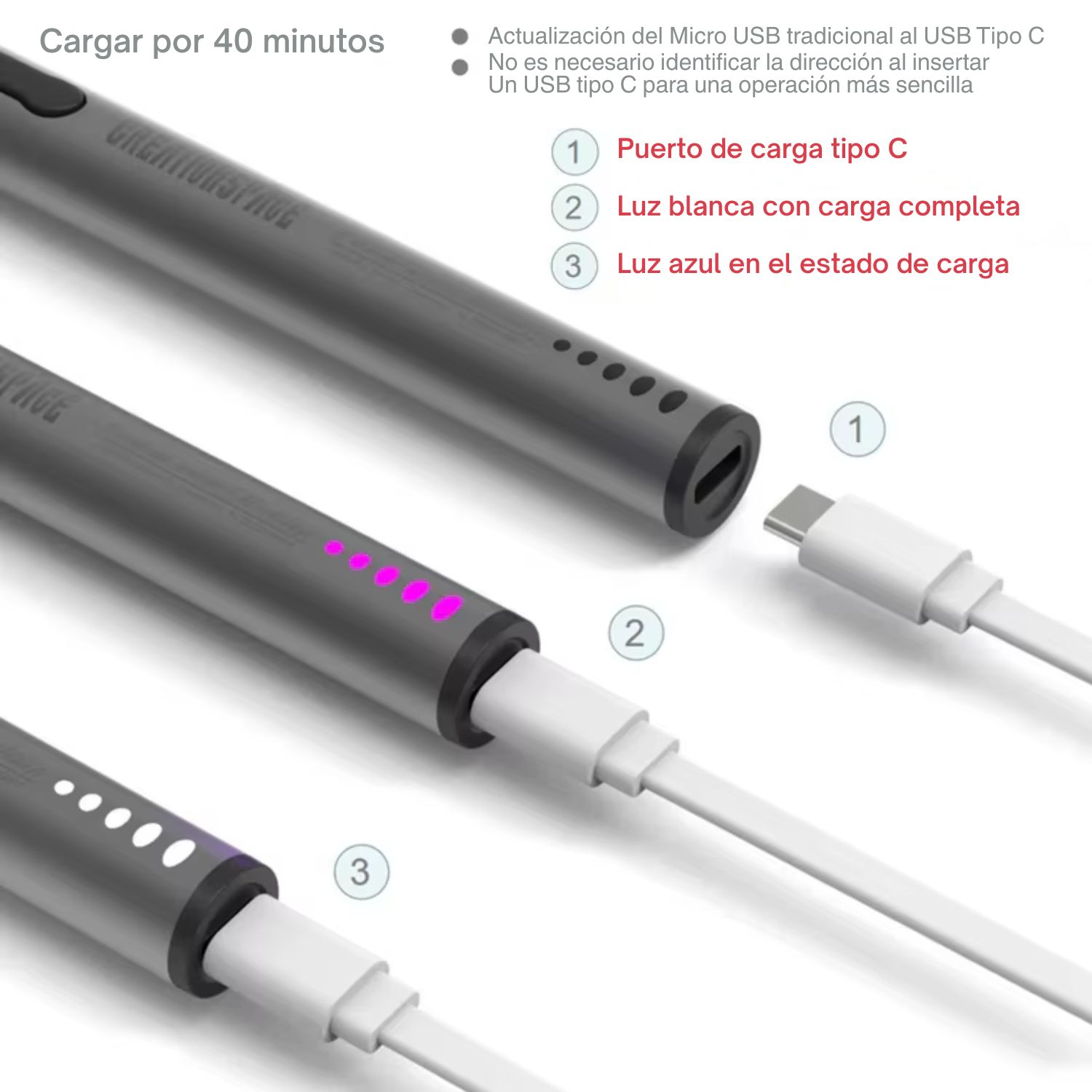 MINIDESTORNILLADOR ELÉCTRICO DE PRECISIÓN RECARGABLE USB C CON 20 BROCAS MAGNÉTICAS PARA REPARACIÓN DE CELULARES Y LAPTOP - 8