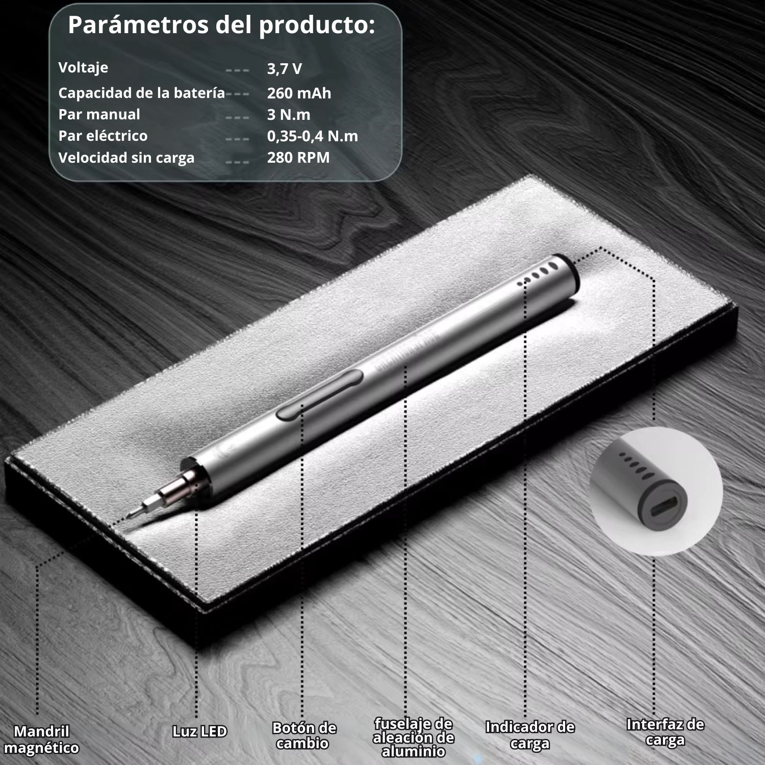 MINIDESTORNILLADOR ELÉCTRICO DE PRECISIÓN RECARGABLE USB C CON 20 BROCAS MAGNÉTICAS PARA REPARACIÓN DE CELULARES Y LAPTOP - 10