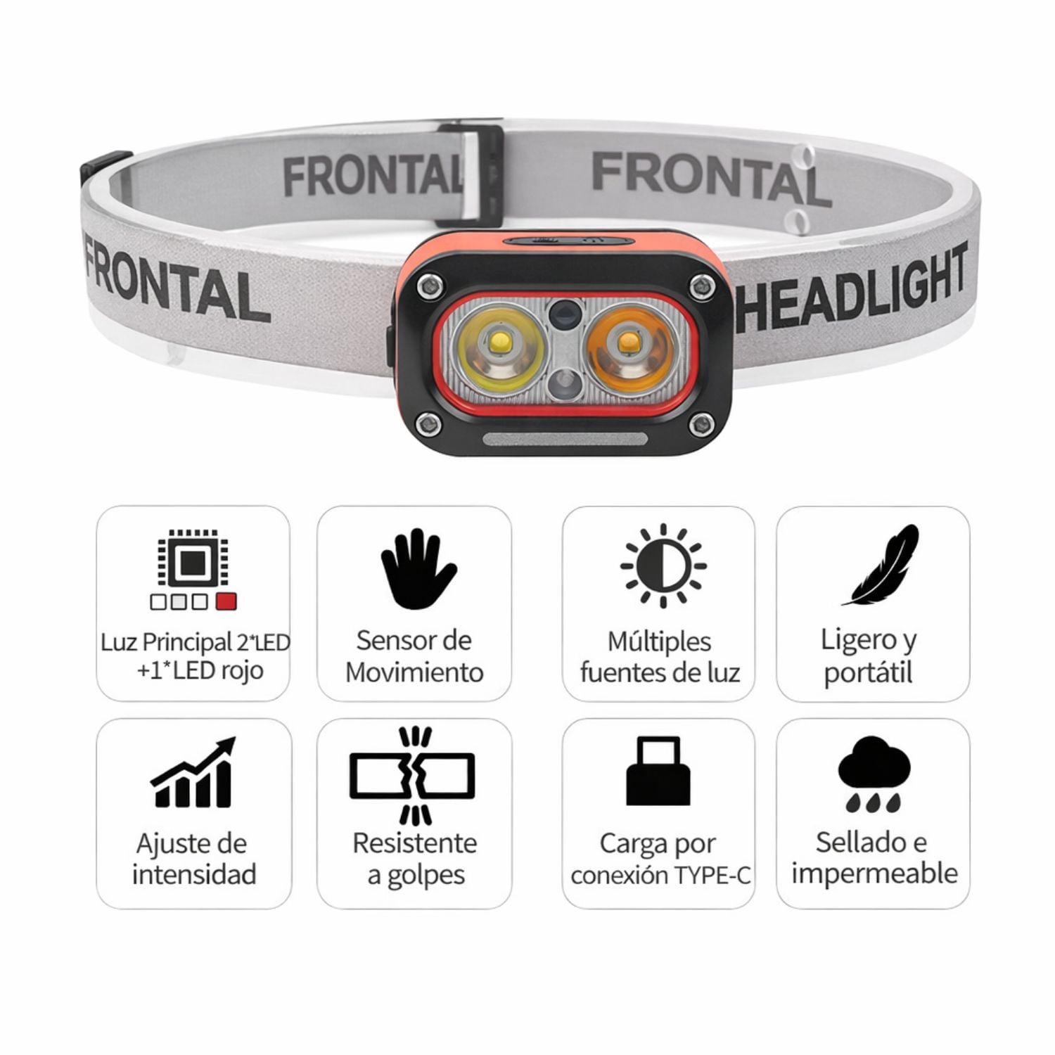 LINTERNA FRONTAL RECARGABLE SENSOR MOVIMIENTO 400LM LUZ BLANCA AMARILLA ROJA USB-C AJUSTABLE 45° IMPERMEABLE - 2