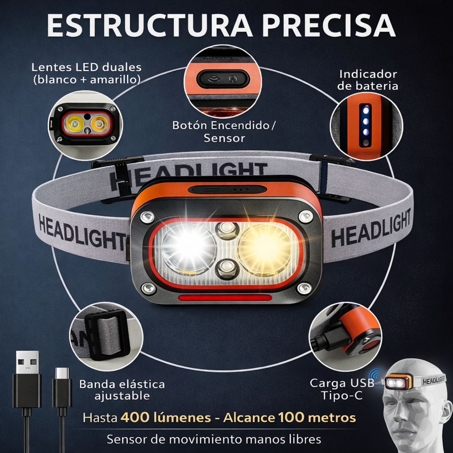 LINTERNA FRONTAL RECARGABLE SENSOR MOVIMIENTO 400LM LUZ BLANCA AMARILLA ROJA USB-C AJUSTABLE 45° IMPERMEABLE - 3