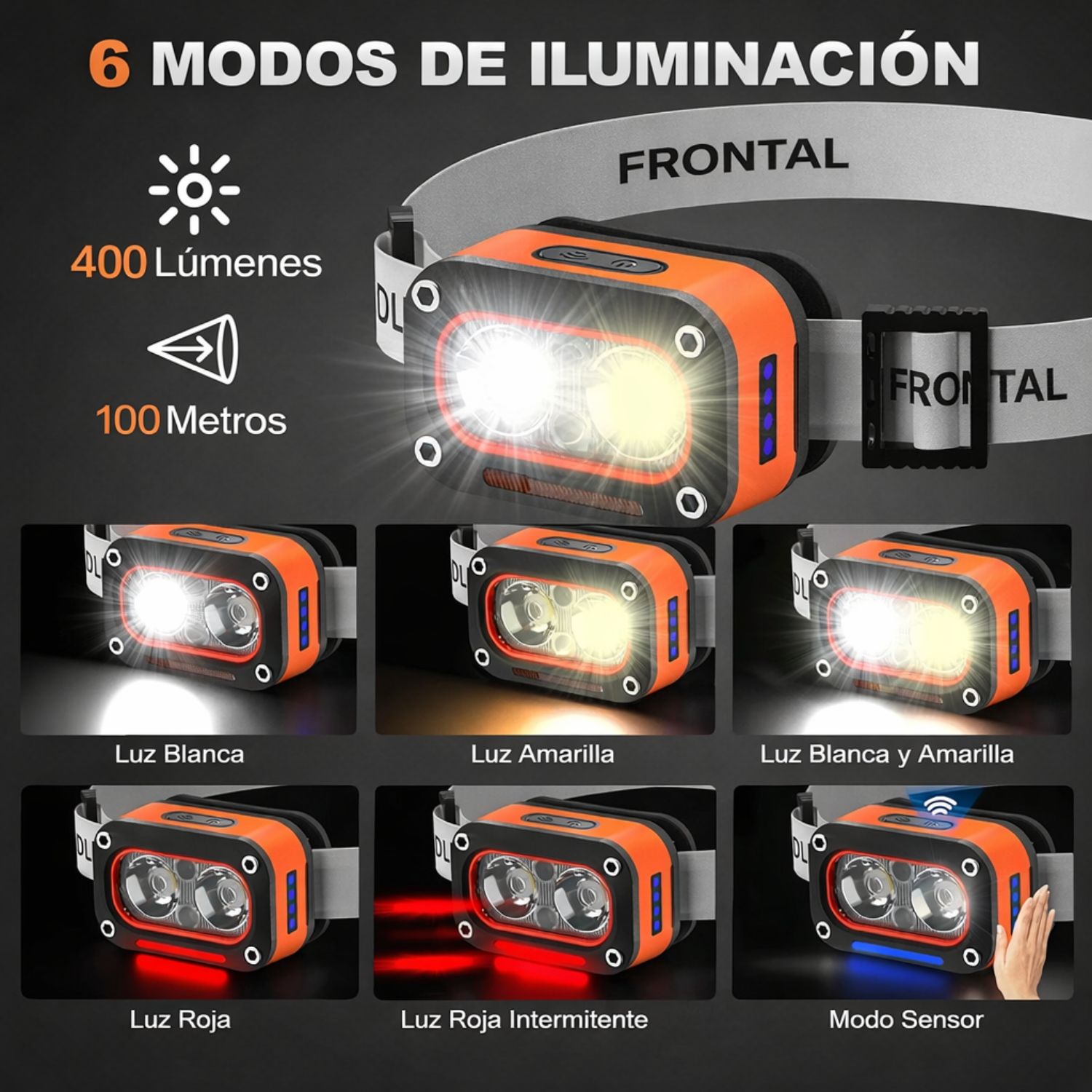 LINTERNA FRONTAL RECARGABLE SENSOR MOVIMIENTO 400LM LUZ BLANCA AMARILLA ROJA USB-C AJUSTABLE 45° IMPERMEABLE - 4
