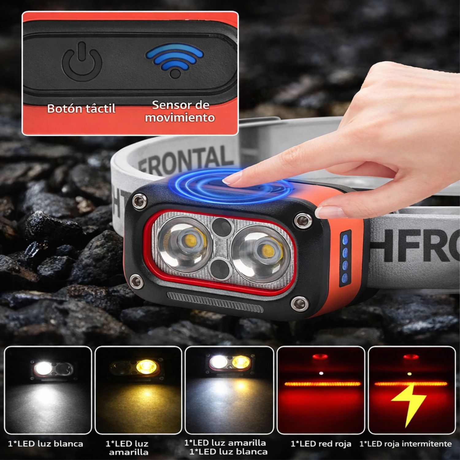 LINTERNA FRONTAL RECARGABLE SENSOR MOVIMIENTO 400LM LUZ BLANCA AMARILLA ROJA USB-C AJUSTABLE 45° IMPERMEABLE - 5