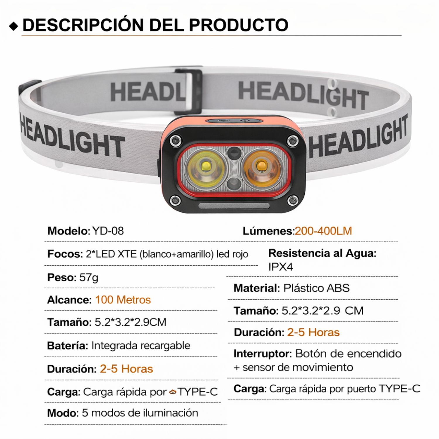 LINTERNA FRONTAL RECARGABLE SENSOR MOVIMIENTO 400LM LUZ BLANCA AMARILLA ROJA USB-C AJUSTABLE 45° IMPERMEABLE - 9