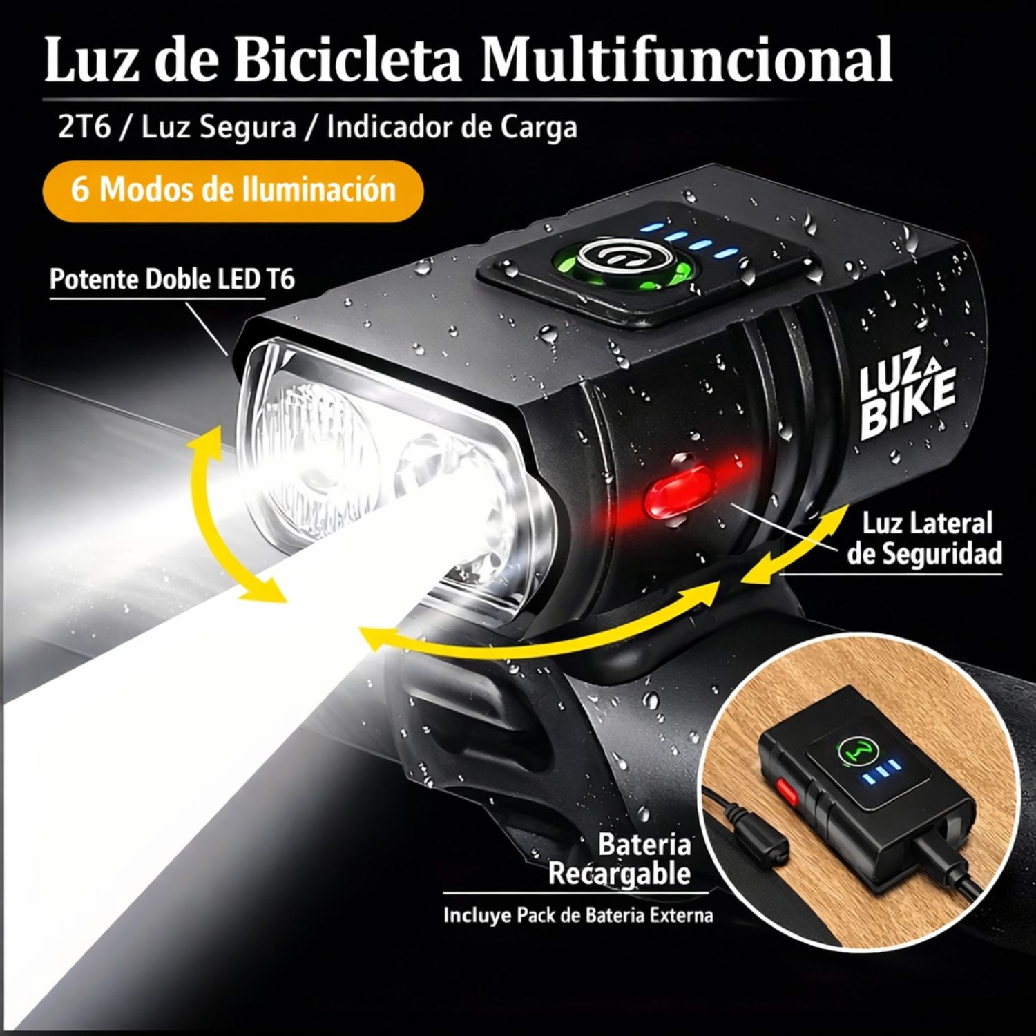 LUZ DELANTERA PARA BICICLETA RECARGABLE USB 1000LM IMPERMEABLE 6 MODOS LUZ LED PARA BICICLETA - 2
