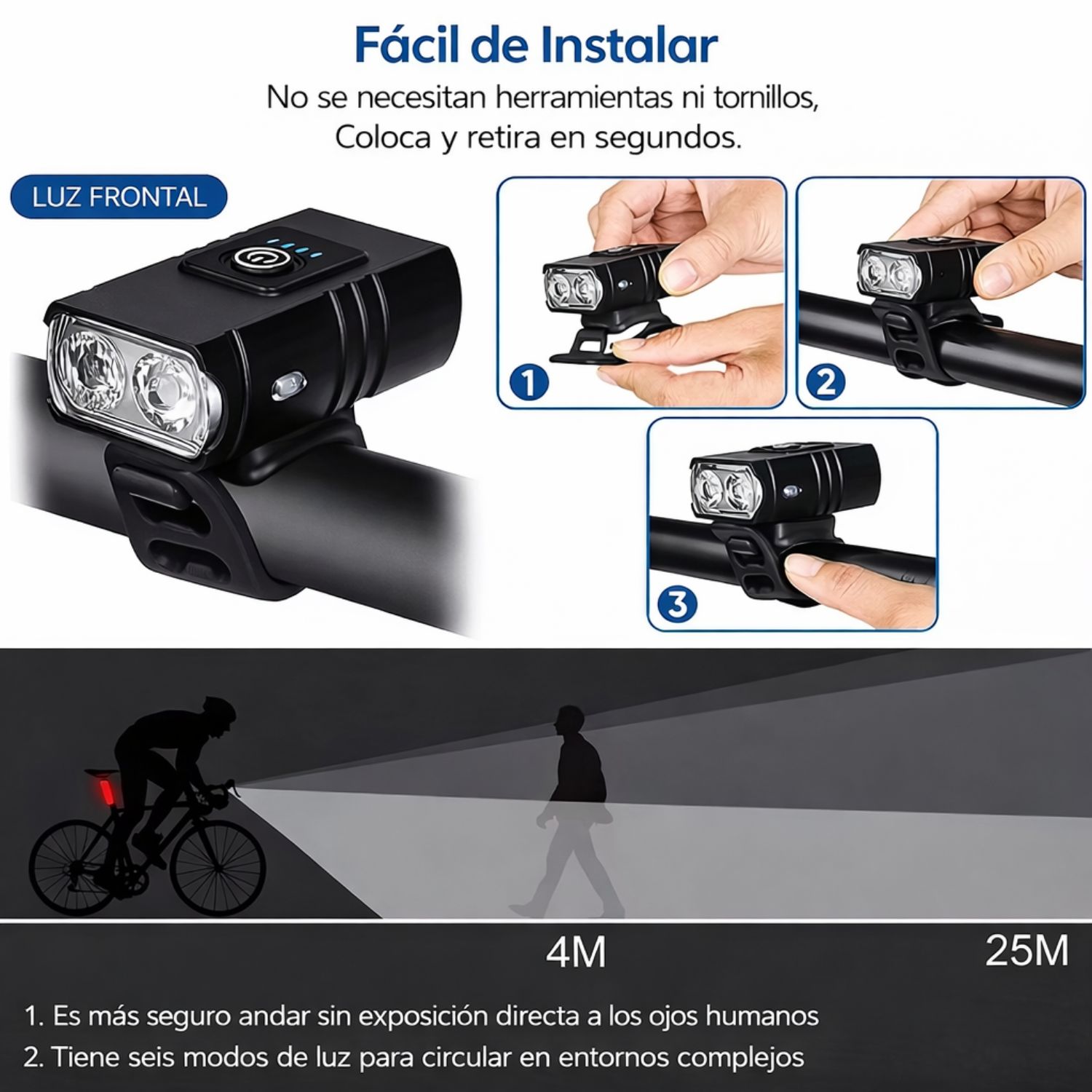 LUZ DELANTERA PARA BICICLETA RECARGABLE USB 1000LM IMPERMEABLE 6 MODOS LUZ LED PARA BICICLETA - 7