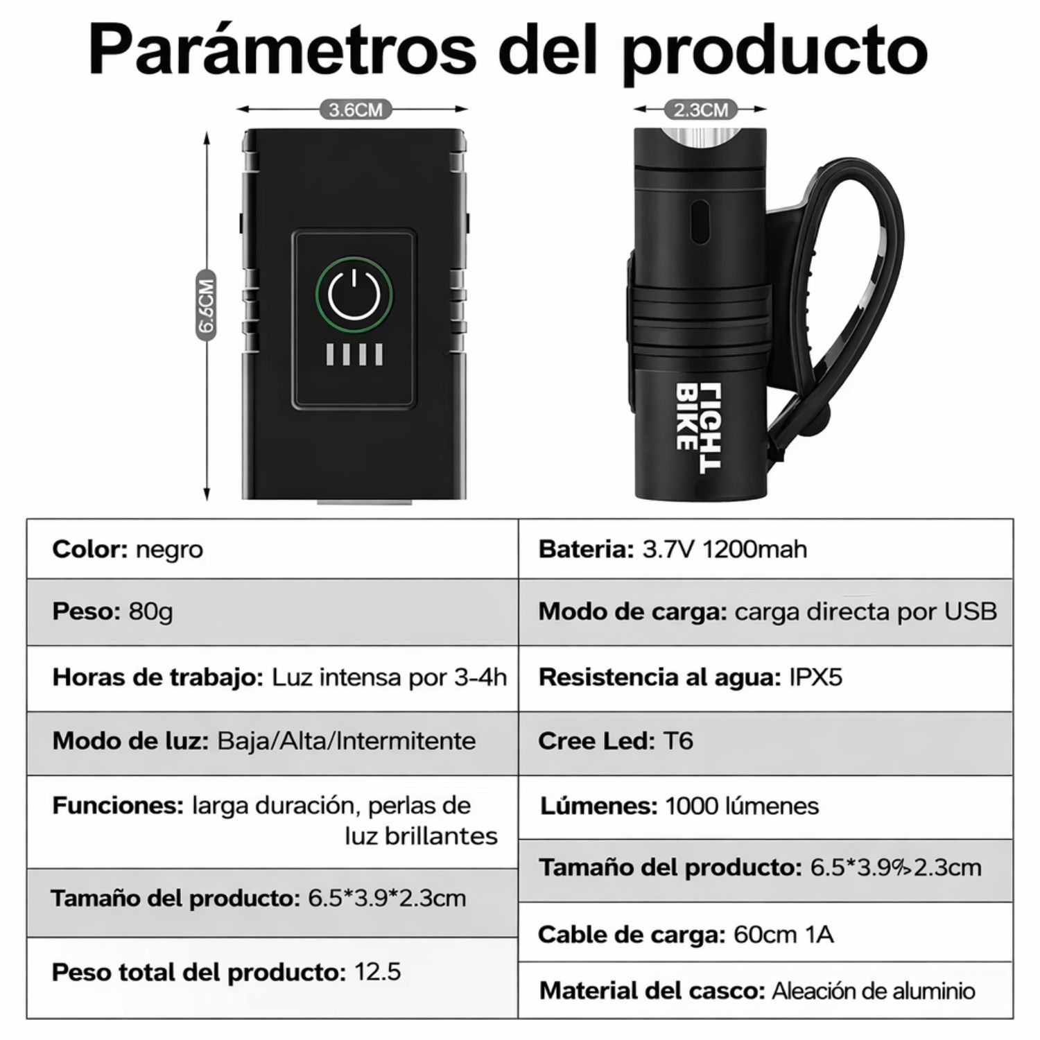 LUZ DELANTERA PARA BICICLETA RECARGABLE USB 1000LM IMPERMEABLE 6 MODOS LUZ LED PARA BICICLETA - 8