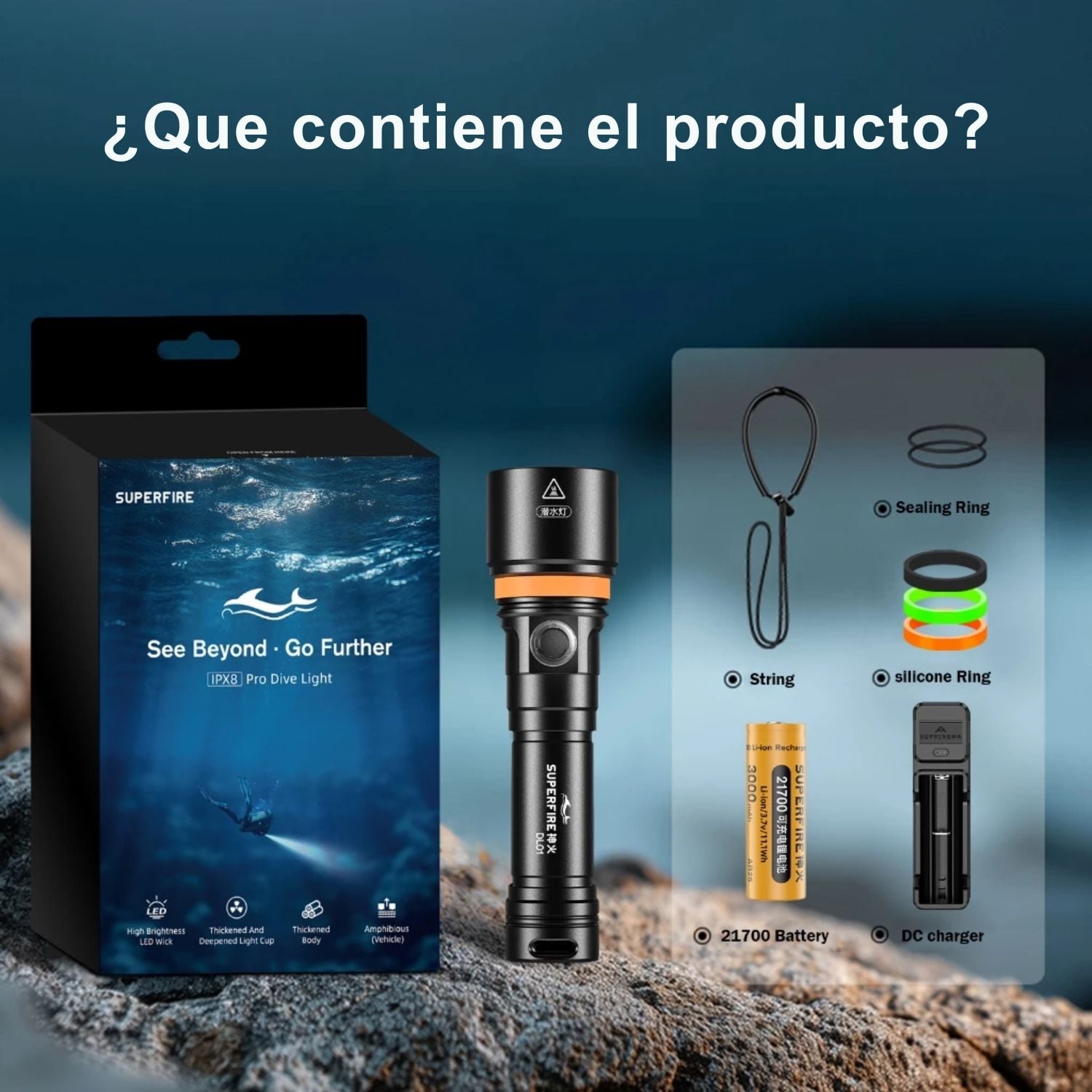 LINTERNA DE BUCEO PROFESIONAL SUPERFIRE DL01 15W 1400 LÚMENES IP68 SUMERGIBLE HASTA 100 METROS - 2