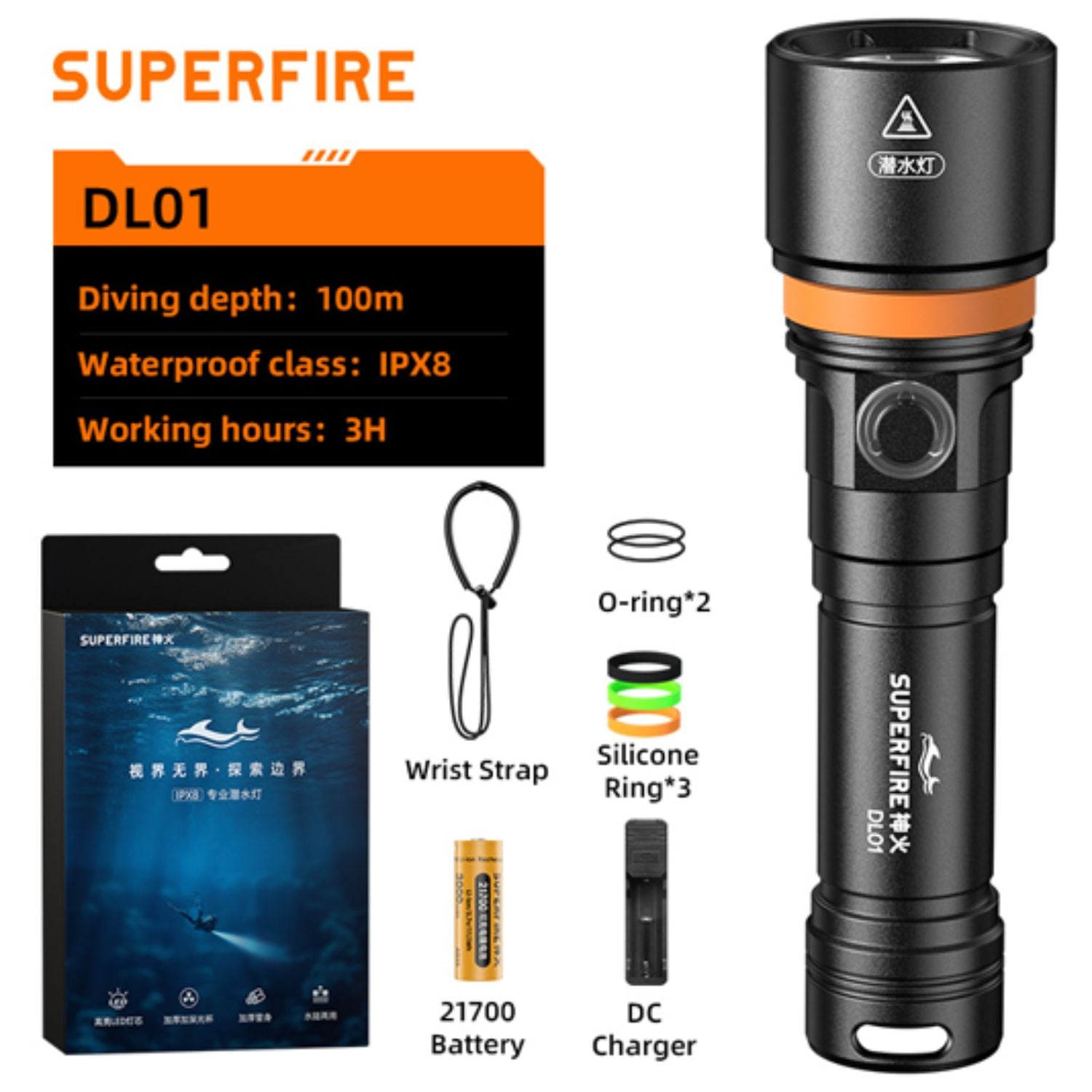 LINTERNA DE BUCEO PROFESIONAL SUPERFIRE DL01 15W 1400 LÚMENES IP68 SUMERGIBLE HASTA 100 METROS - 3