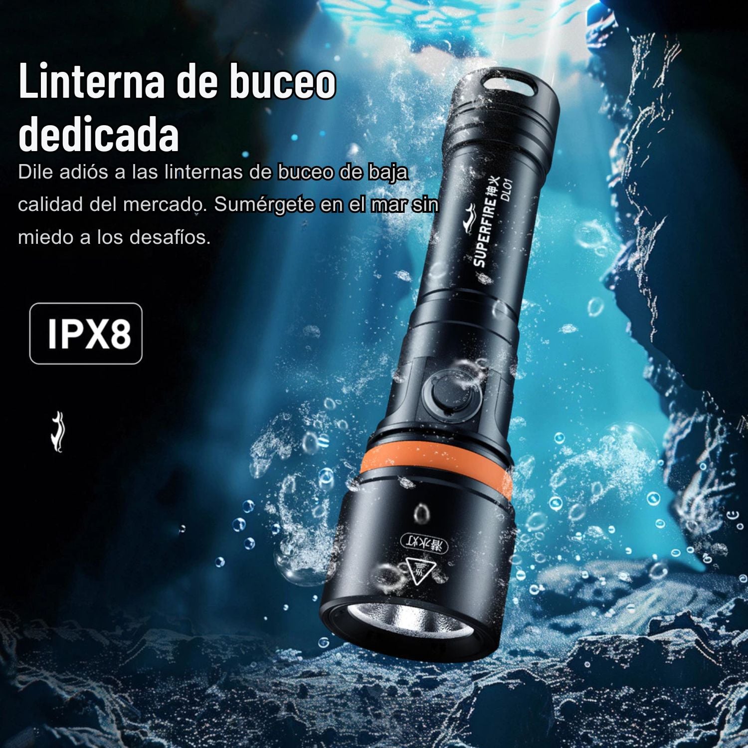 LINTERNA DE BUCEO PROFESIONAL SUPERFIRE DL01 15W 1400 LÚMENES IP68 SUMERGIBLE HASTA 100 METROS - 4