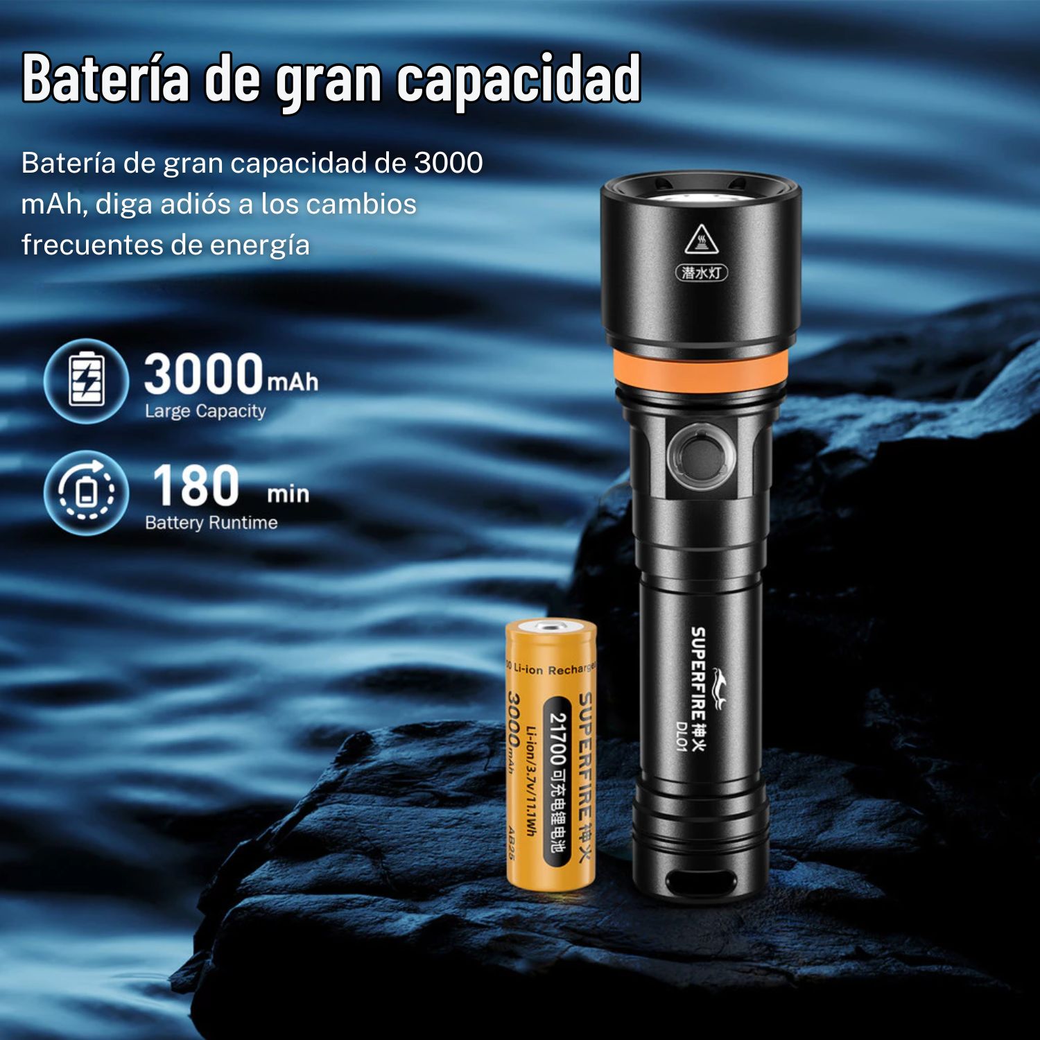 LINTERNA DE BUCEO PROFESIONAL SUPERFIRE DL01 15W 1400 LÚMENES IP68 SUMERGIBLE HASTA 100 METROS - 8