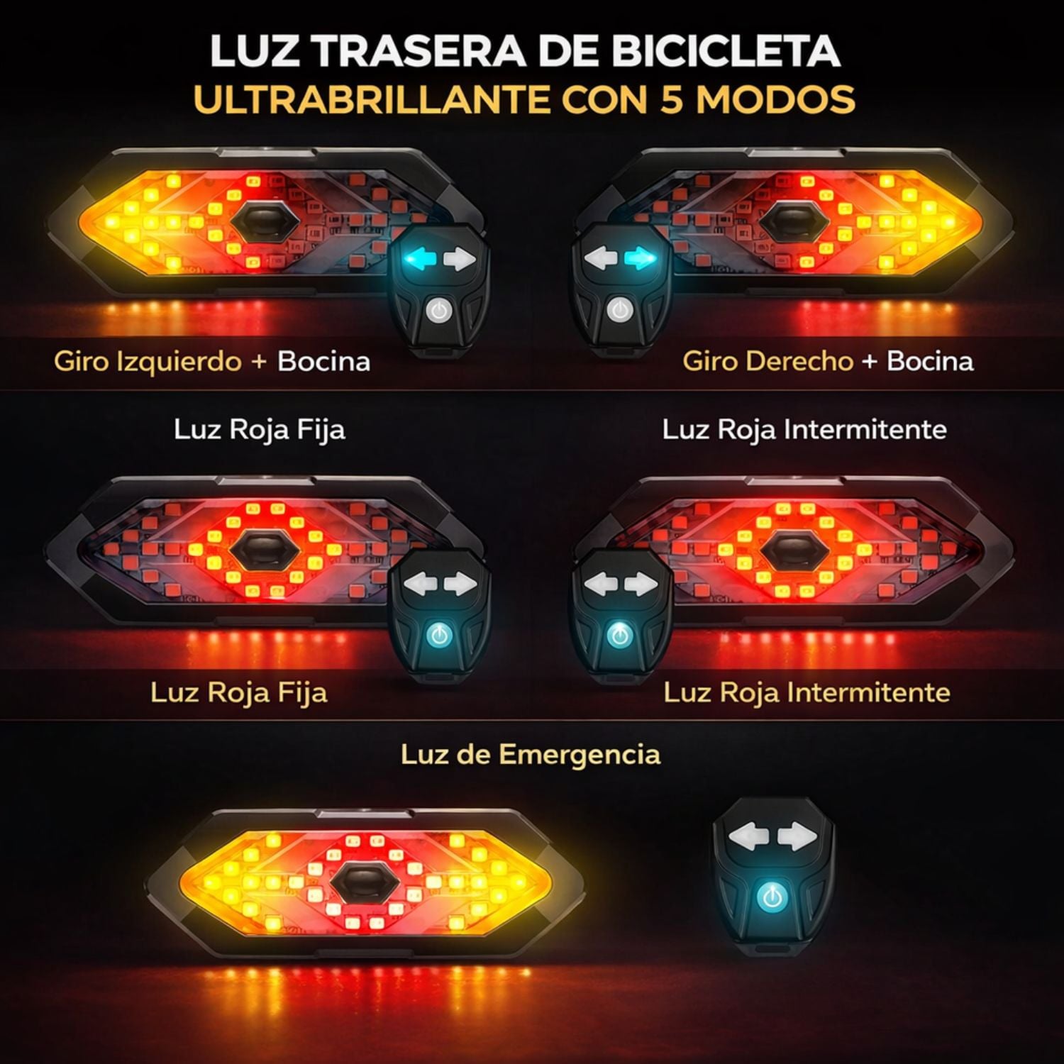 LUZ DIRECCIONAL PARA BICICLETA CON SONIDO DE ADVERTENCIA LUZ TRASERA PARA BICI Y SCOOTER RECARGABLE - 2