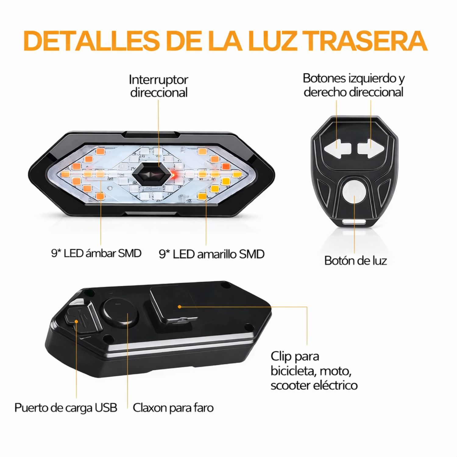 LUZ DIRECCIONAL PARA BICICLETA CON SONIDO DE ADVERTENCIA LUZ TRASERA PARA BICI Y SCOOTER RECARGABLE - 5