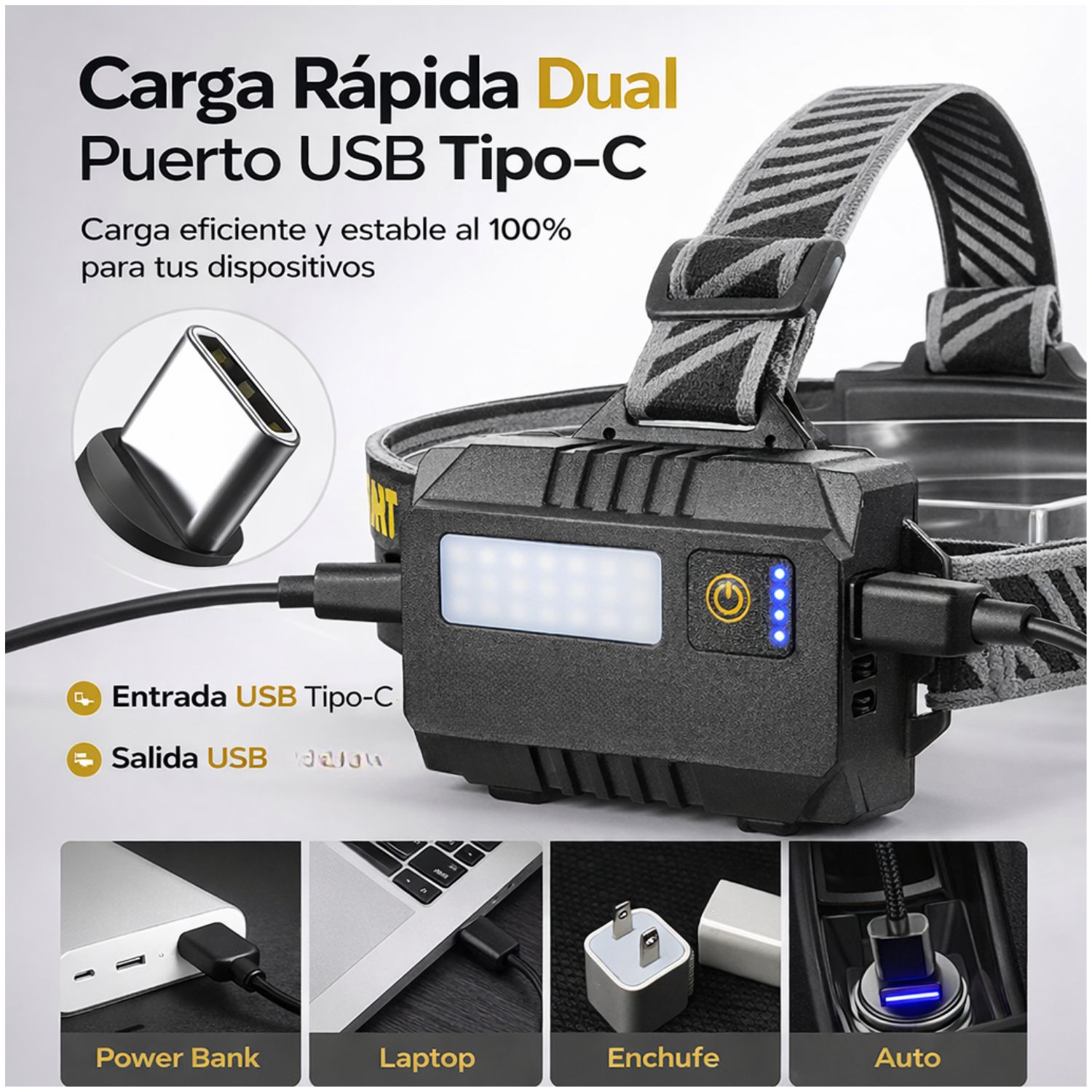 Linterna de Cabeza LED Alta Potencia 5 Modos Recargable USB Tipo C 2000 Lúmenes Zoom Ajustable - 9