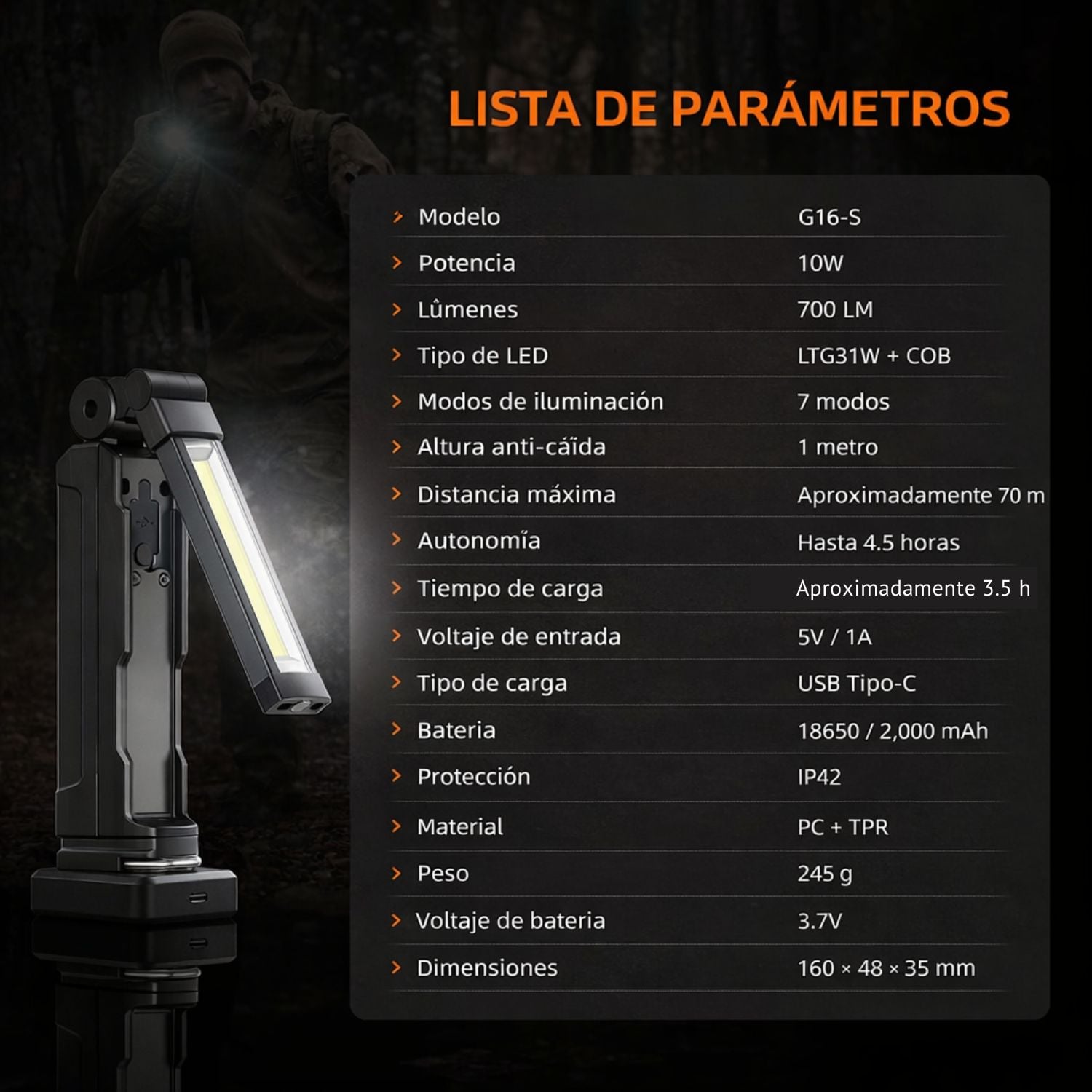 LINTERNA DE TRABAJO COB RECARGABLE 800LM 360° USB-C IMÁN BASE MAGNÉTICA BATERÍA 18650 SUPERFIRE G16-S - 10
