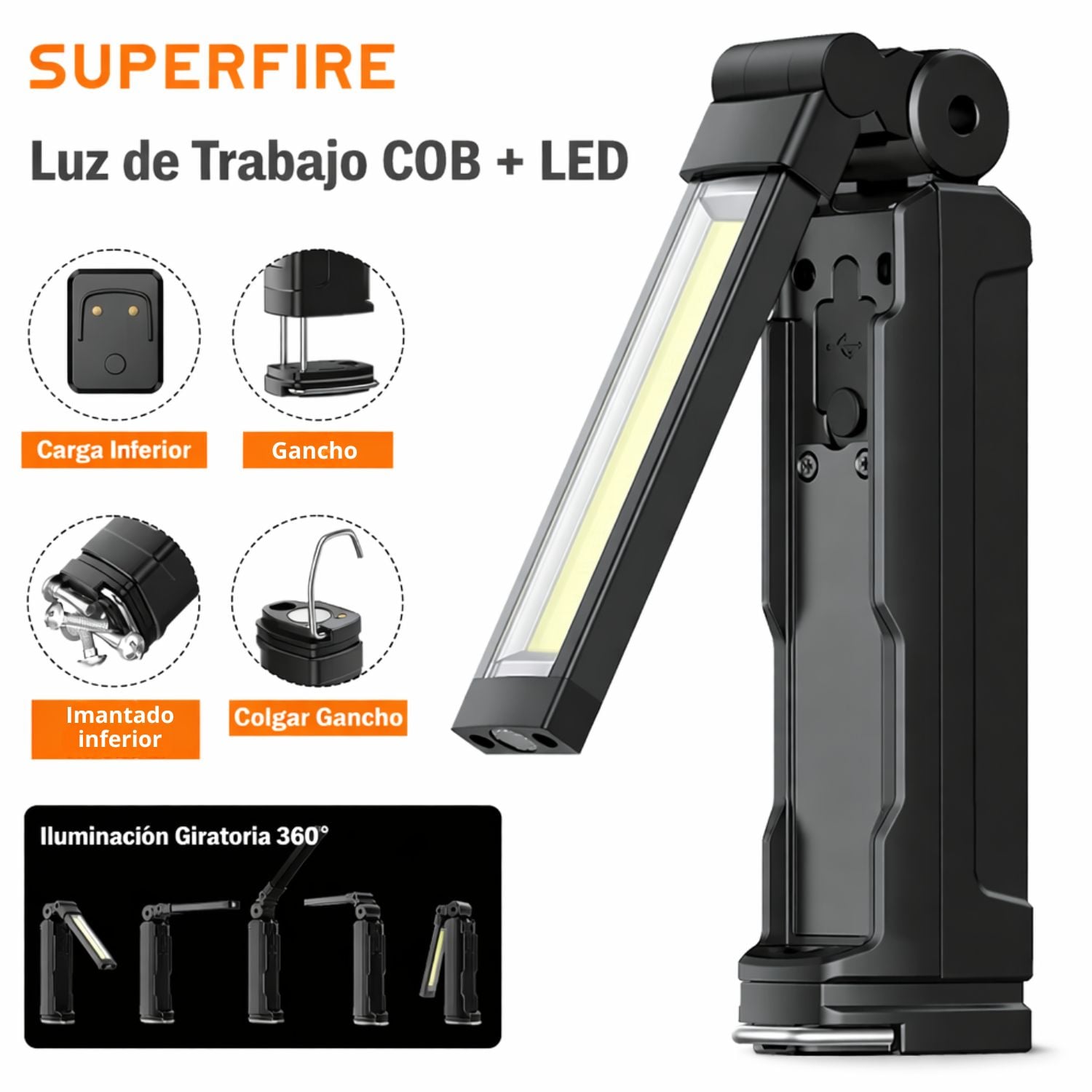 LINTERNA DE TRABAJO COB RECARGABLE 800LM 360° USB-C IMÁN BASE MAGNÉTICA BATERÍA 18650 SUPERFIRE G16-S - 2