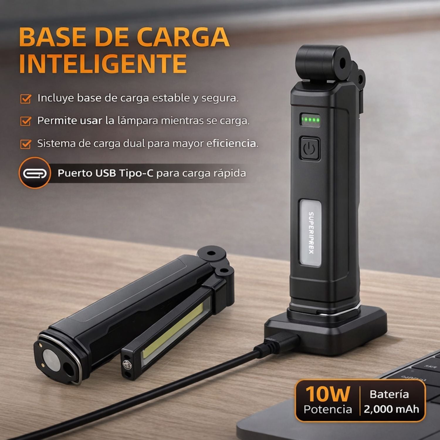 LINTERNA DE TRABAJO COB RECARGABLE 800LM 360° USB-C IMÁN BASE MAGNÉTICA BATERÍA 18650 SUPERFIRE G16-S - 9