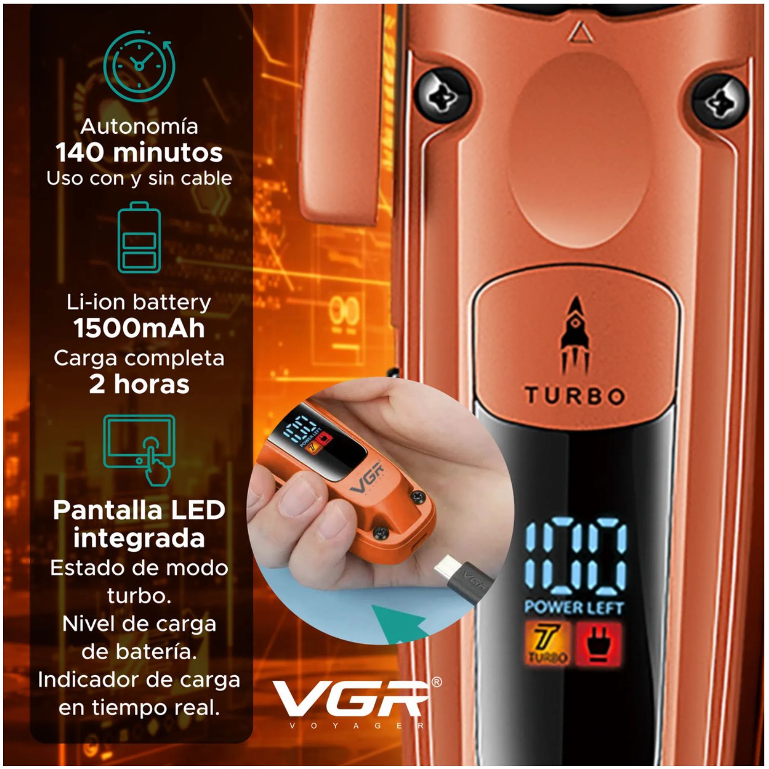 MÁQUINA CORTAR CABELLO VGR V-274 PROFESIONAL FADE TURBO 7000RPM - 6