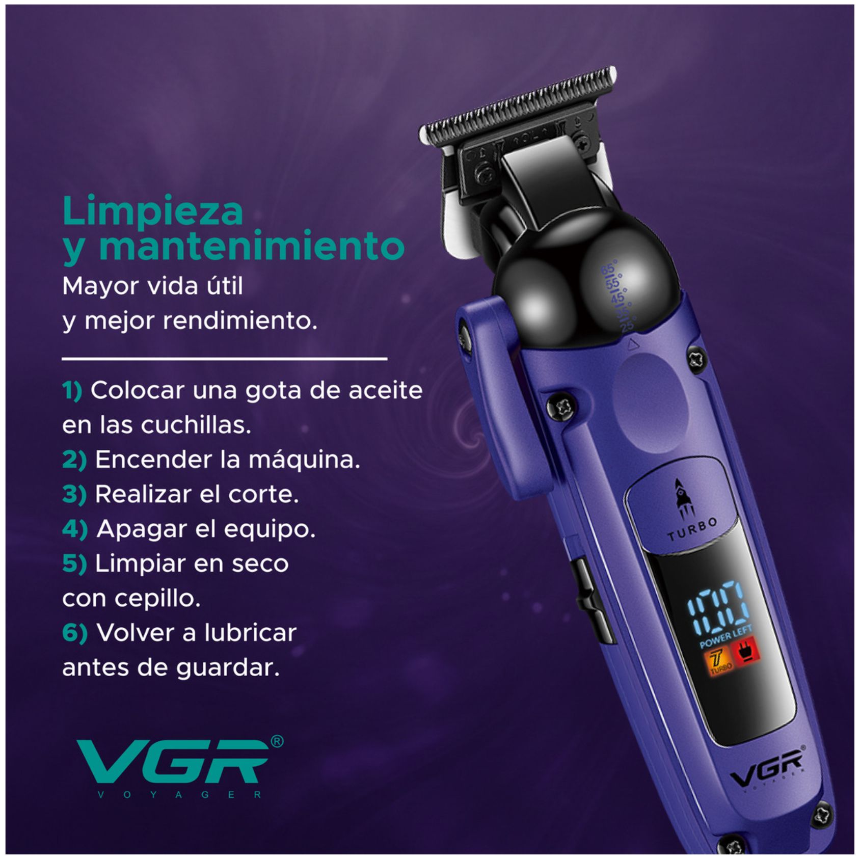 MÁQUINA CORTAR CABELLO VGR V-274 PROFESIONAL FADE TURBO 7000RPM - 9