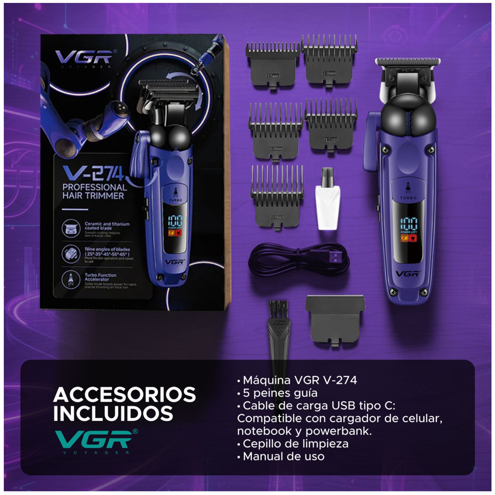 MÁQUINA CORTAR CABELLO VGR V-274 PROFESIONAL FADE TURBO 7000RPM - 10