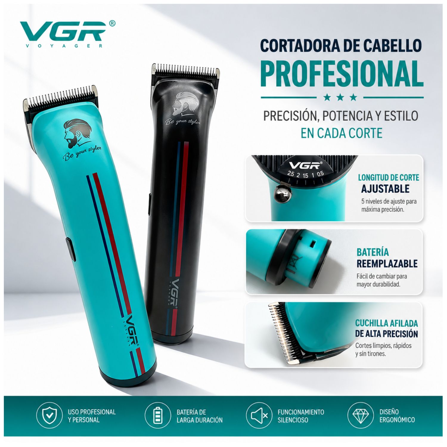 CORTADOR DE CABELLO VGR PROFESIONAL 8000RPM INALÁMBRICO CON DOBLE BATERÍA EXTRAÍBLE - 2