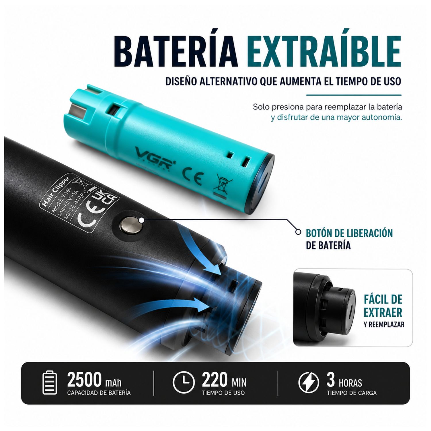CORTADOR DE CABELLO VGR PROFESIONAL 8000RPM INALÁMBRICO CON DOBLE BATERÍA EXTRAÍBLE - 5