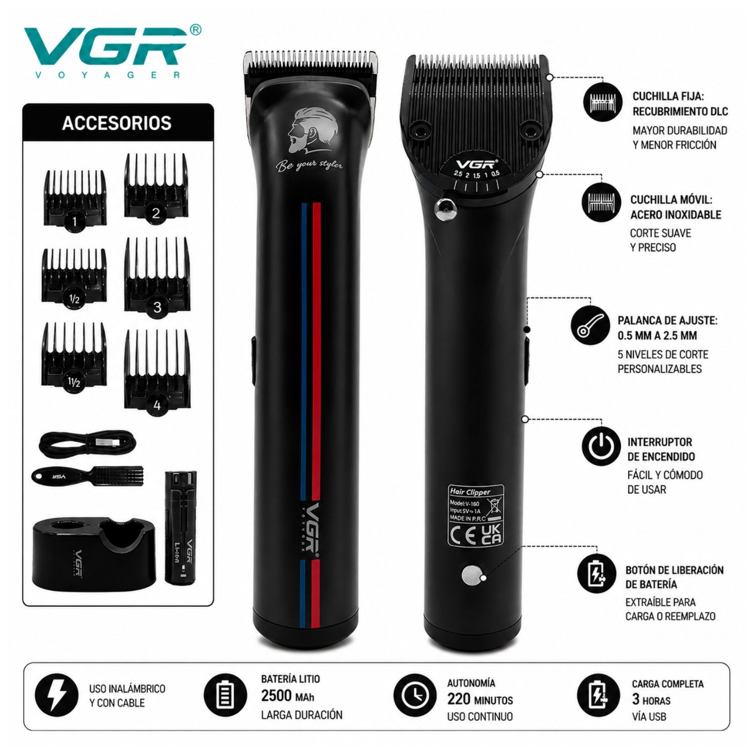 CORTADOR DE CABELLO VGR PROFESIONAL 8000RPM INALÁMBRICO CON DOBLE BATERÍA EXTRAÍBLE - 7