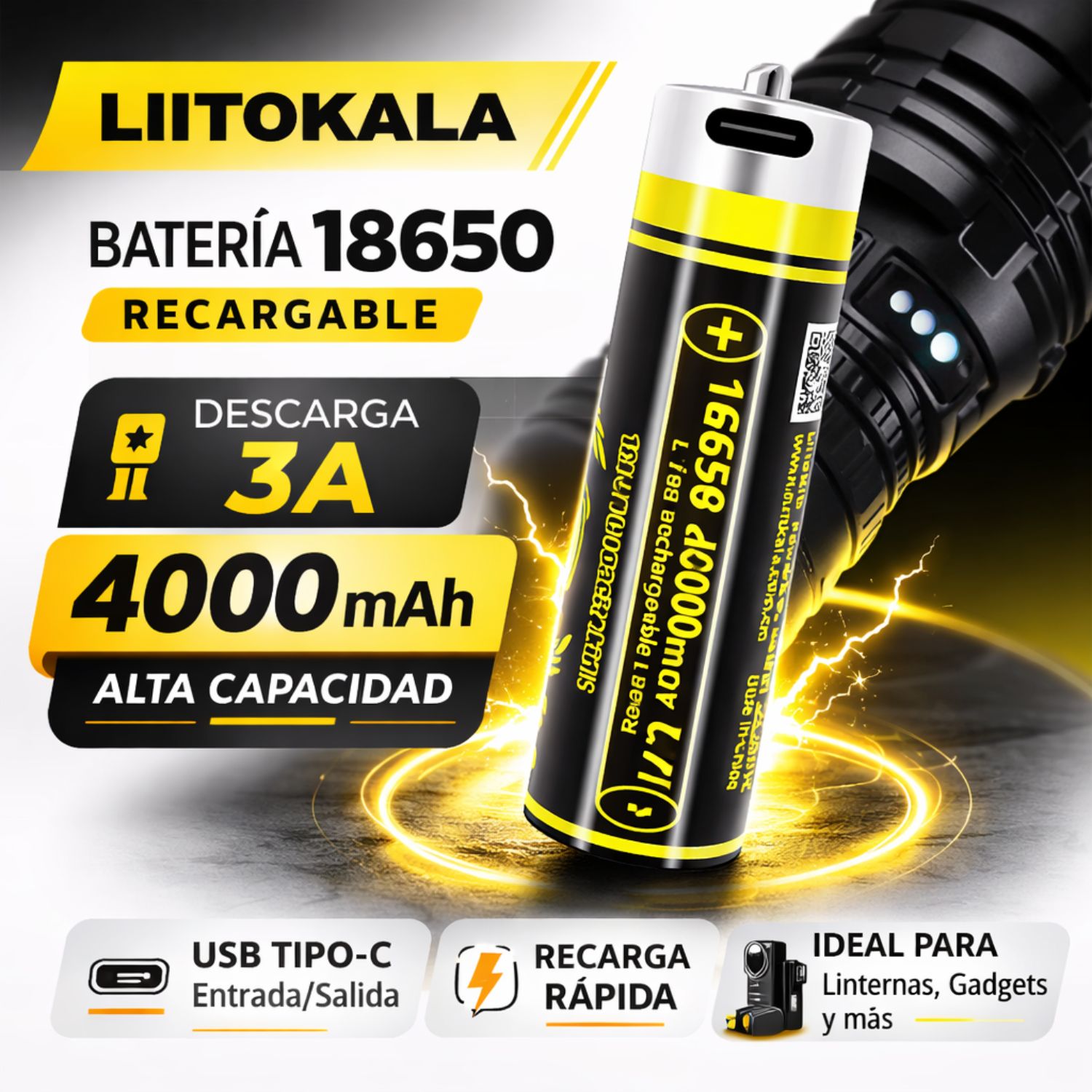 BATERÍA LITIO 18650 RECARGABLE 4000MAH USB TIPO C PARA EQUIPOS PORTÁTILES - 2