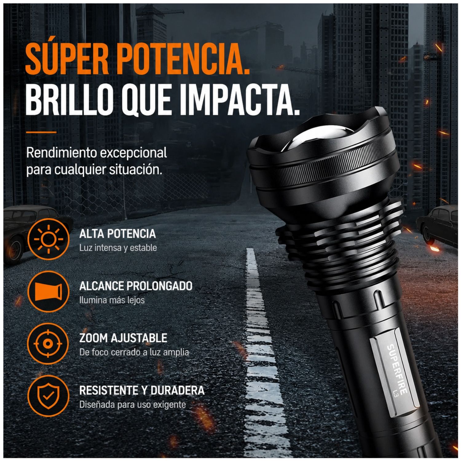 LINTERNA TÁCTICA SUPERFIRE L3 P90 LED RECARGABLE 2700LM LARGO ALCANCE 400M ZOOM AJUSTABLE - 2