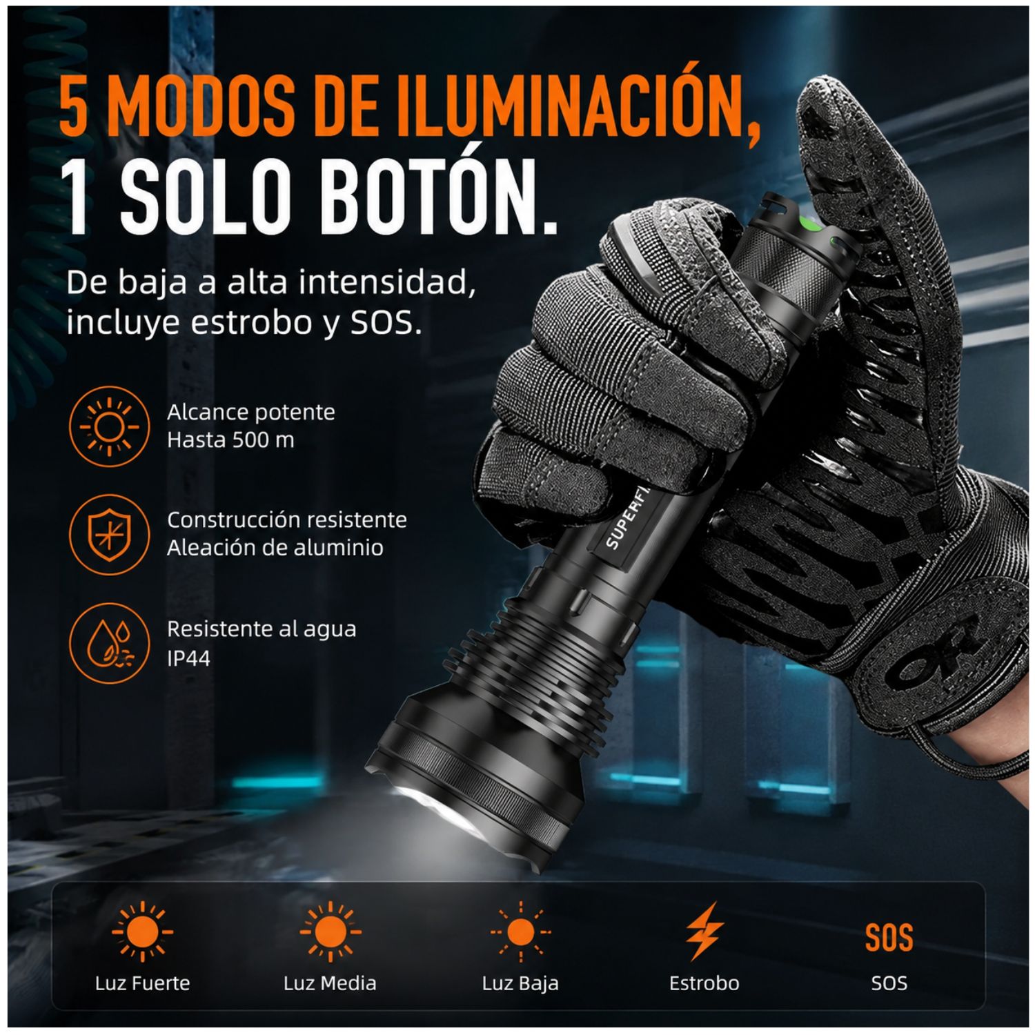 LINTERNA TÁCTICA SUPERFIRE L3 P90 LED RECARGABLE 2700LM LARGO ALCANCE 400M ZOOM AJUSTABLE - 5