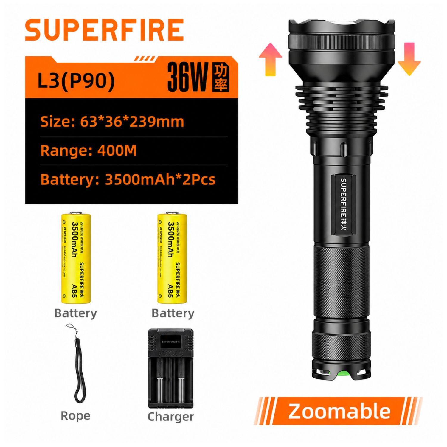 LINTERNA TÁCTICA SUPERFIRE L3 P90 LED RECARGABLE 2700LM LARGO ALCANCE 400M ZOOM AJUSTABLE - 6