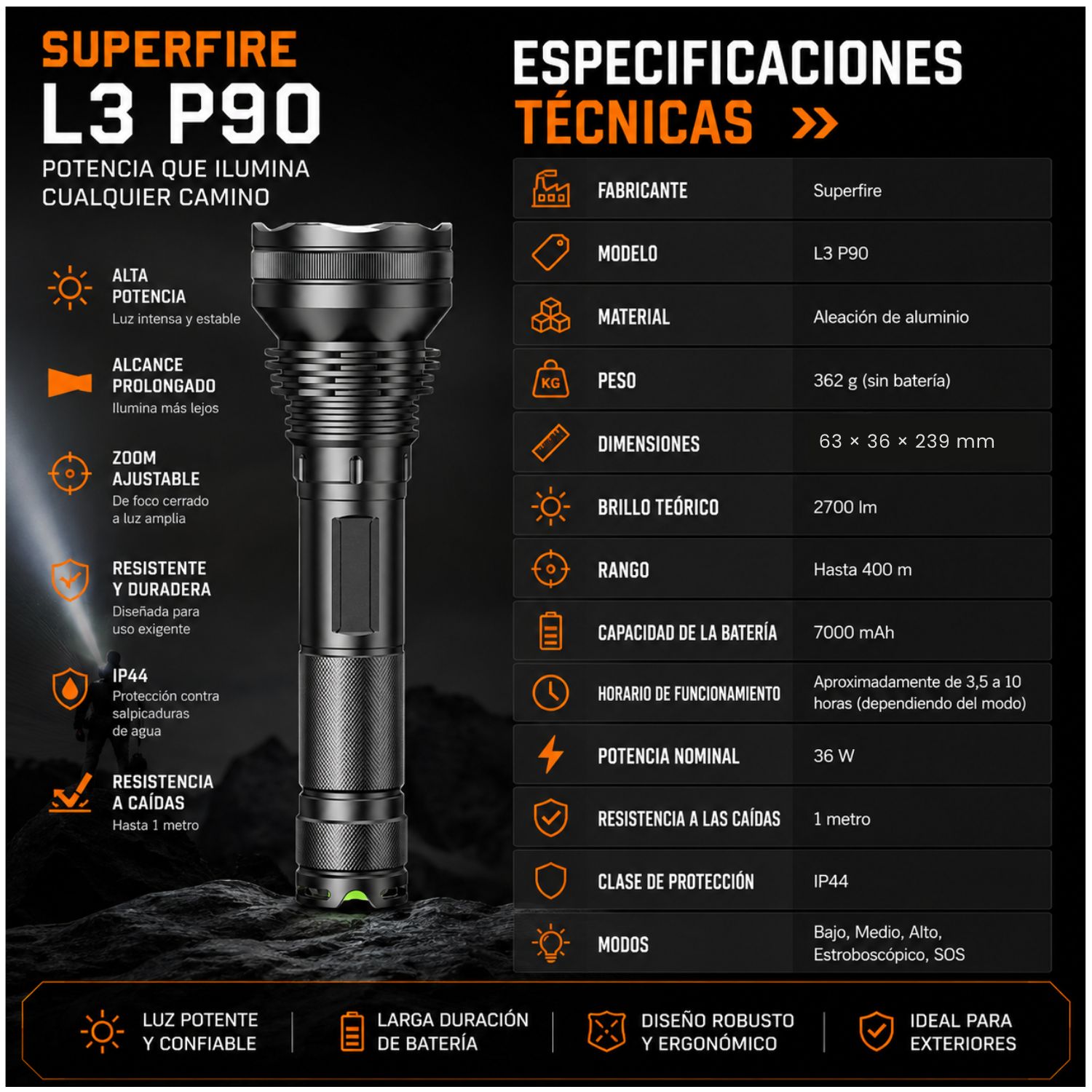 LINTERNA TÁCTICA SUPERFIRE L3 P90 LED RECARGABLE 2700LM LARGO ALCANCE 400M ZOOM AJUSTABLE - 7
