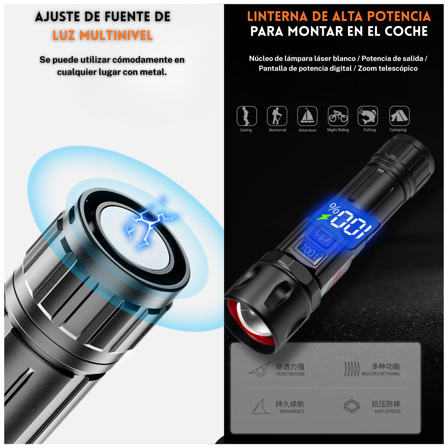 LINTERNA TÁCTICA RECARGABLE 3500M CON ZOOM AJUSTABLE, IMÁN TRASERO, PANTALLA DIGITAL Y POWER BANK PARA TRABAJO Y OUTDOOR - 4