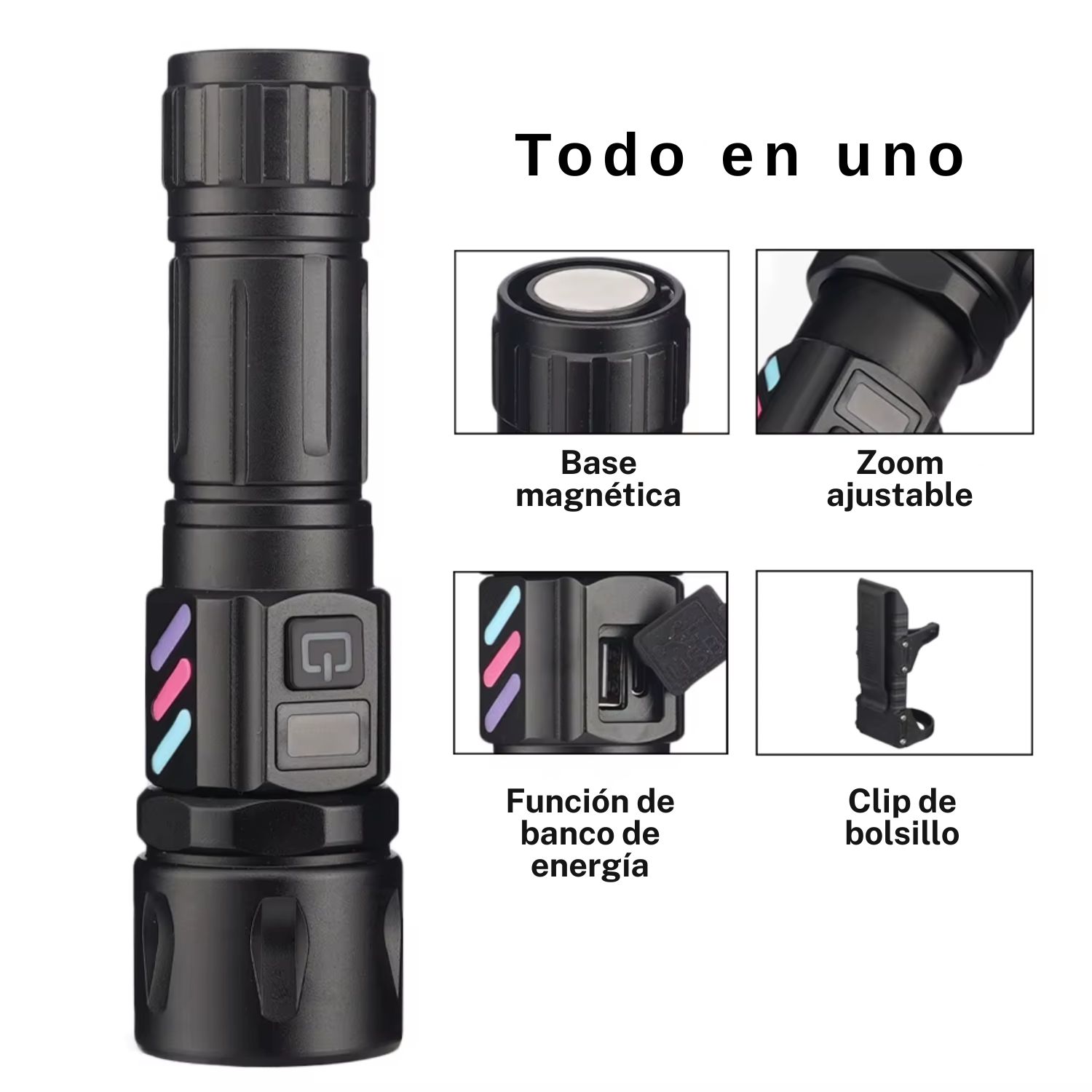 LINTERNA TÁCTICA RECARGABLE 3500M CON ZOOM AJUSTABLE, IMÁN TRASERO, PANTALLA DIGITAL Y POWER BANK PARA TRABAJO Y OUTDOOR - 6