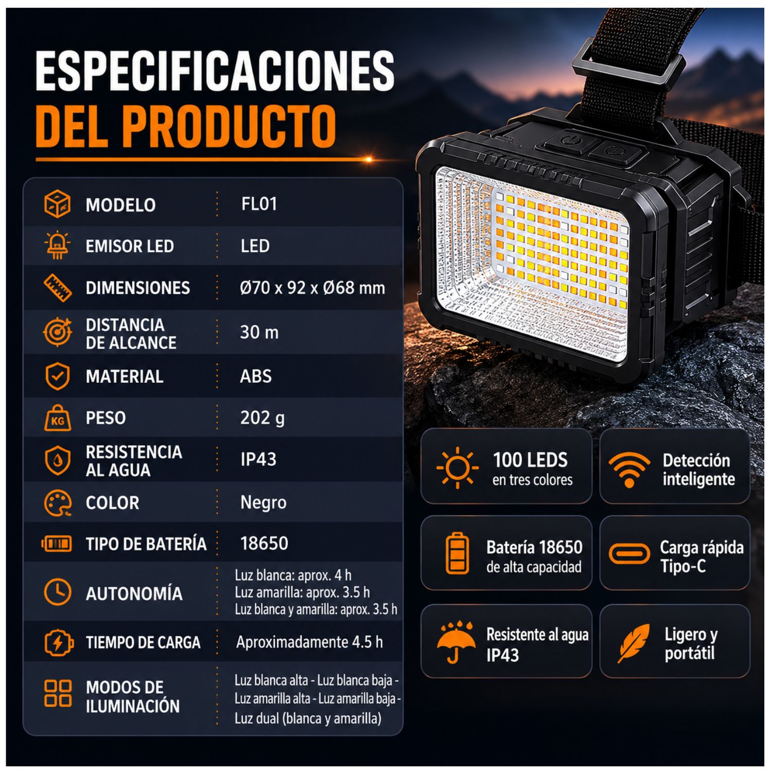 LINTERNA MINERA RECARGABLE USB C CON SENSOR DE MOVIMIENTO 100 LED TRICOLOR ALTA POTENCIA - 6