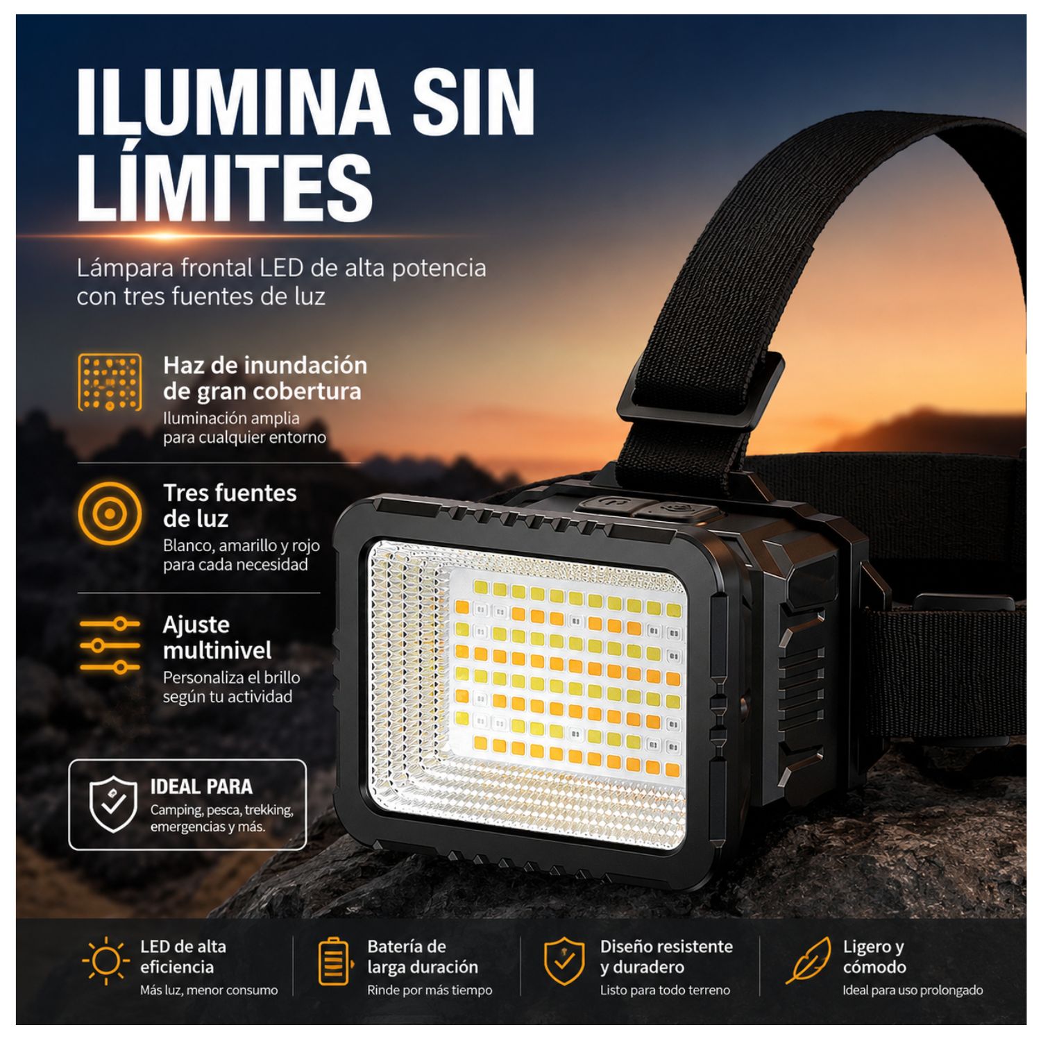 LINTERNA FRONTAL RECARGABLE CON SENSOR INTELIGENTE 100 LEDS TRICOLOR USB C LUZ BLANCA AMARILLA ROJA 3000MAH - 2