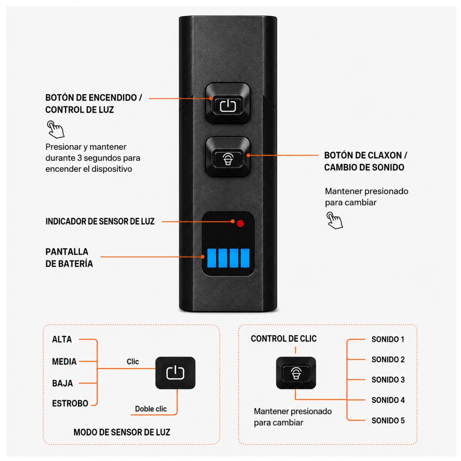LUZ DELANTERA BICICLETA 1000LM RECARGABLE USB TIPO C CON CLAXÓN 120DB Y CONTROL REMOTO - 3