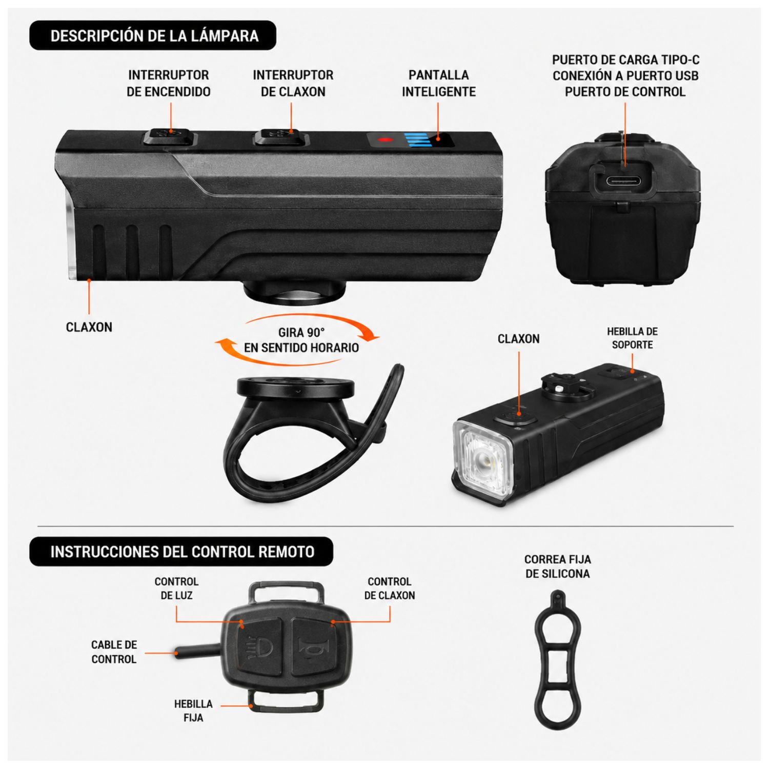 LUZ DELANTERA BICICLETA 1000LM RECARGABLE USB TIPO C CON CLAXÓN 120DB Y CONTROL REMOTO - 4
