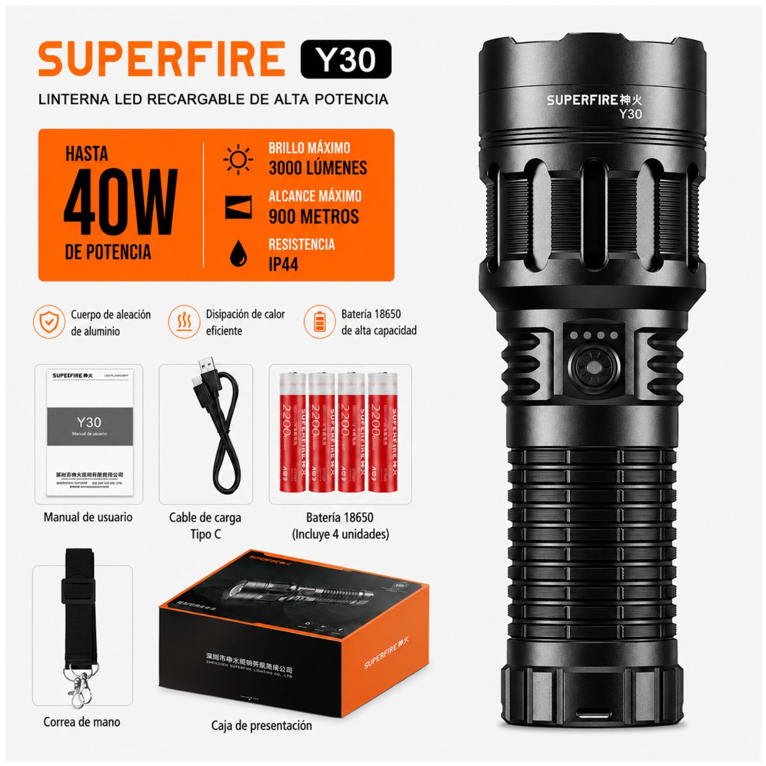 LINTERNA TÁCTICA RECARGABLE 3000LM ALCANCE 900 METROS USB C CON ZOOM AJUSTABLE - 2
