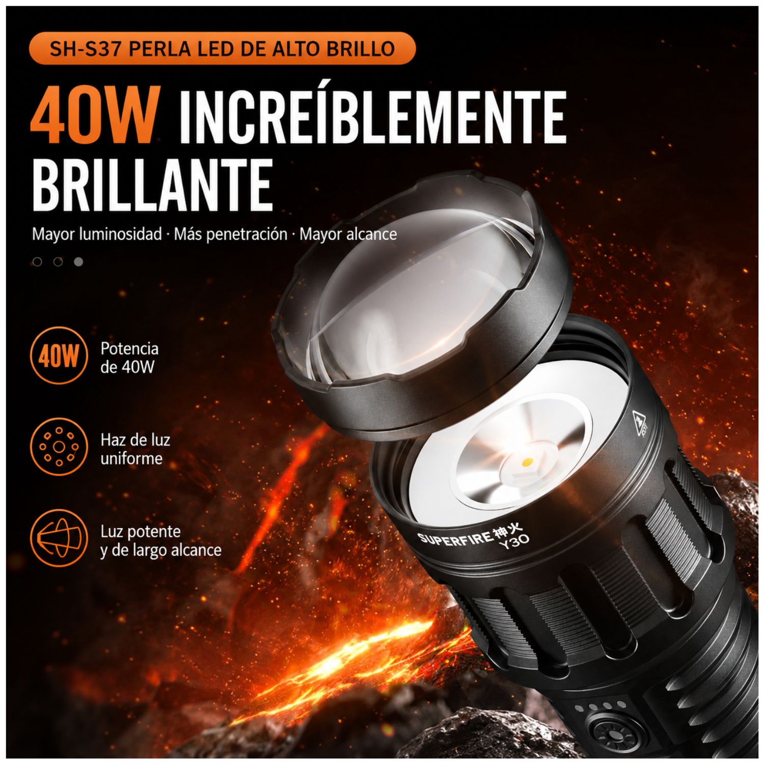 LINTERNA TÁCTICA RECARGABLE 3000LM ALCANCE 900 METROS USB C CON ZOOM AJUSTABLE - 4