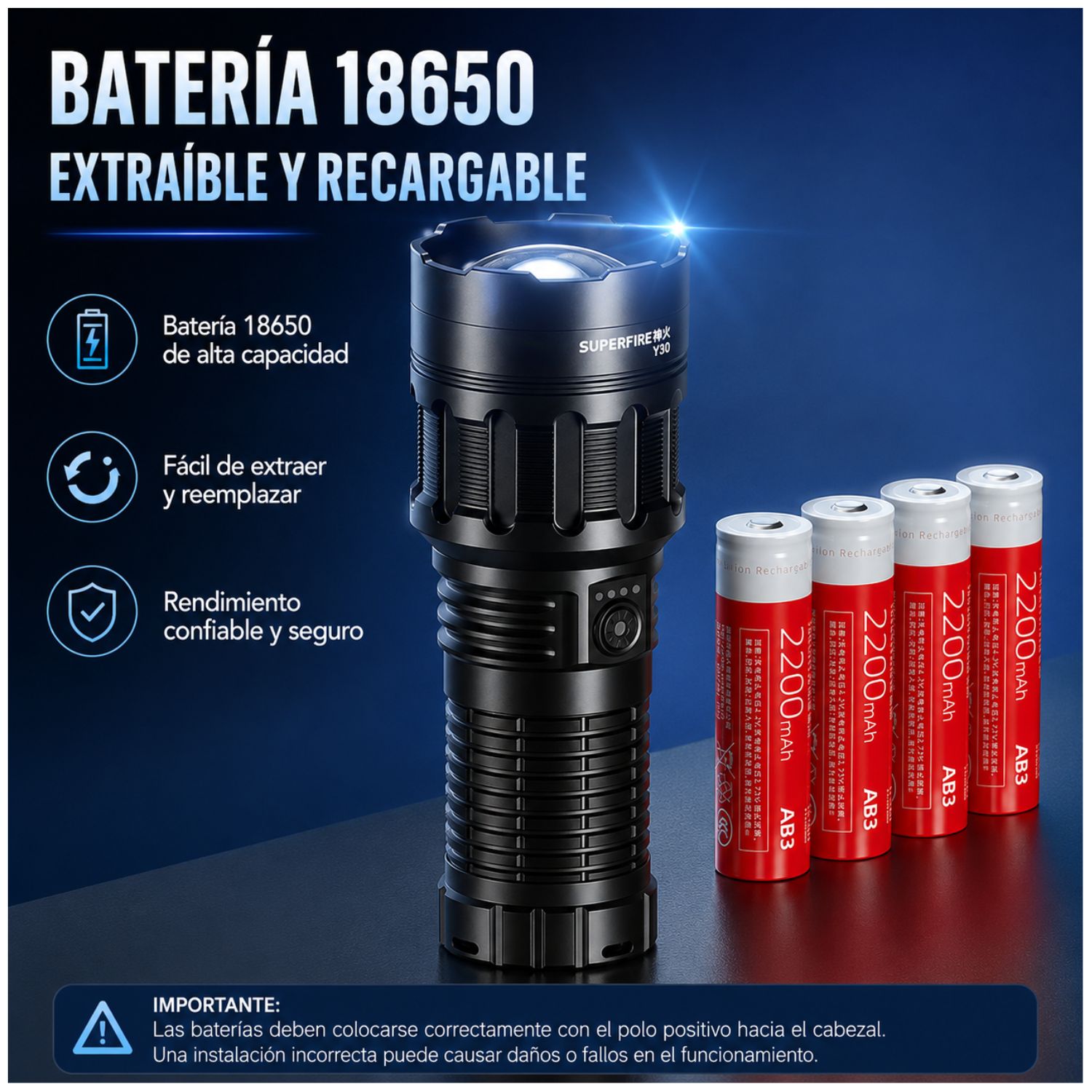 LINTERNA TÁCTICA RECARGABLE 3000LM ALCANCE 900 METROS USB C CON ZOOM AJUSTABLE - 6