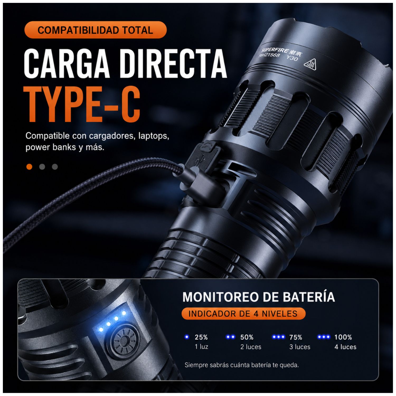 LINTERNA TÁCTICA RECARGABLE 3000LM ALCANCE 900 METROS USB C CON ZOOM AJUSTABLE - 7