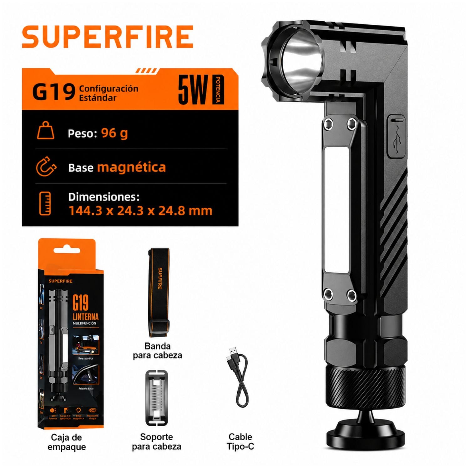 LINTERNA FRONTAL RECARGABLE USB C CON BASE MAGNÉTICA GIRATORIA CABEZAL AJUSTABLE 90° Y LUZ COB LED - 1
