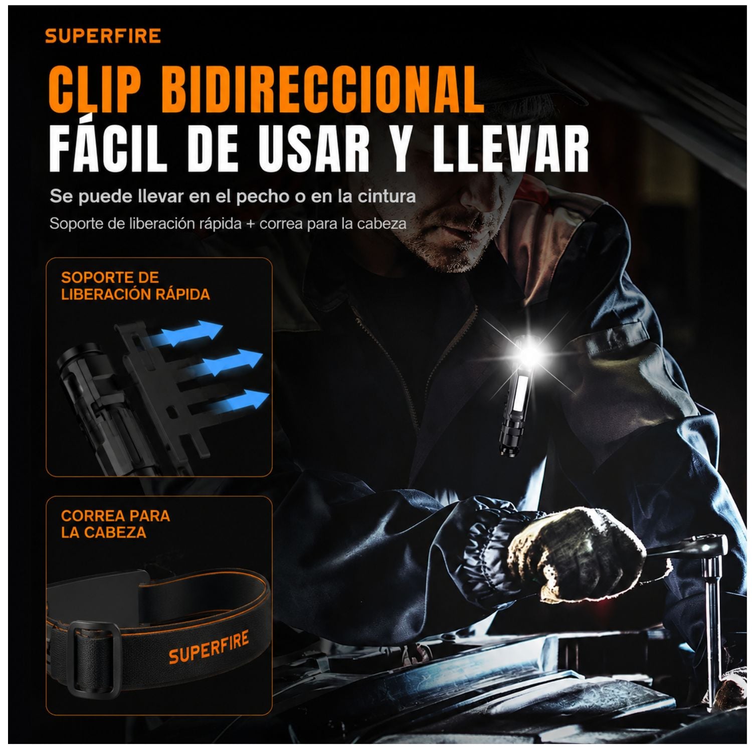 LINTERNA FRONTAL RECARGABLE USB C CON BASE MAGNÉTICA GIRATORIA CABEZAL AJUSTABLE 90° Y LUZ COB LED - 5