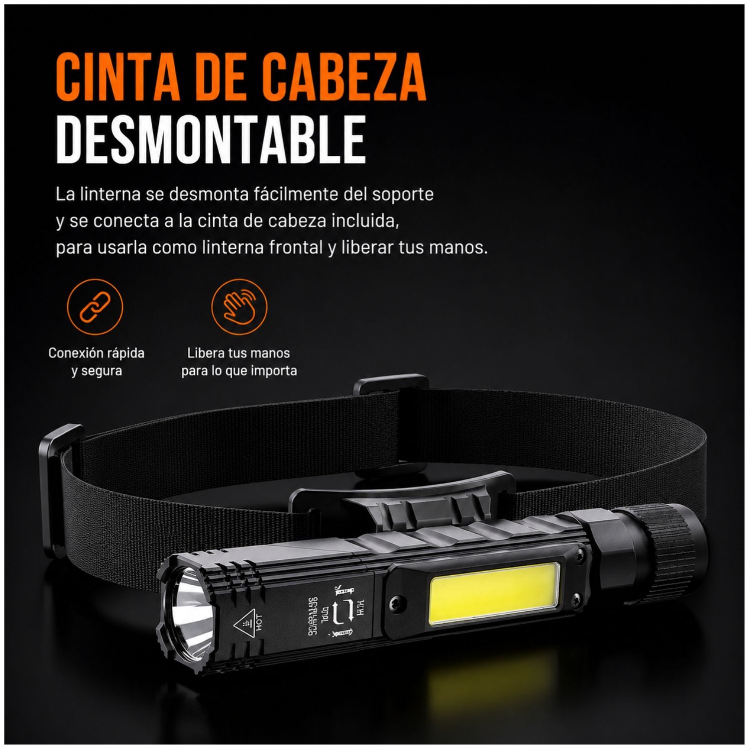 LINTERNA FRONTAL RECARGABLE USB C CON BASE MAGNÉTICA GIRATORIA CABEZAL AJUSTABLE 90° Y LUZ COB LED - 7